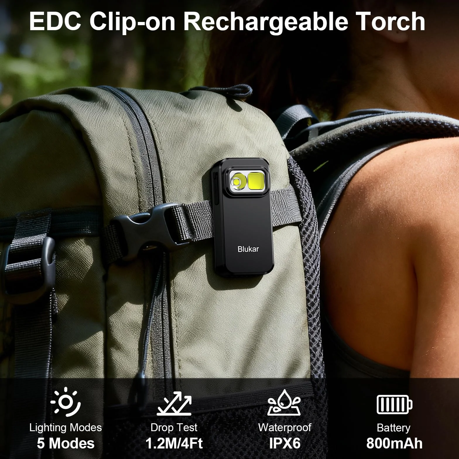 Blukar Torcia EDC con Clip, Super Luminoso Mini Torcia LED Ricaricabile Potente, 3 Fonti di Luce & 5 Modalità, Funzione di Memoria, Portatile Tascabile Flashlight per Campeggio/Emergenza/Trekking