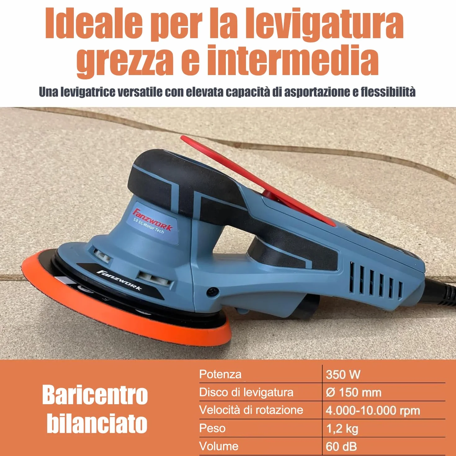 FANZTOOL Levigatrice Orbitale Senza Spazzole 350W 150mm 5,0mm 7 Velocità 18 Dischi Abrasivi Valigetta