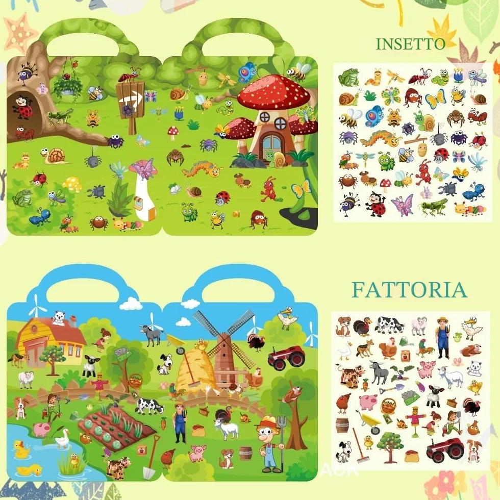 6 Pezzi Libri Stickers Bambini Attacca Stacca Per 2 3 4 5 Anni, Libro Di Adesivi 3D Riutilizzabili Per Bambini include Animali,Fattoria, Dinosauri,Animali Del Mare, Insetti, Parco Divertimenti