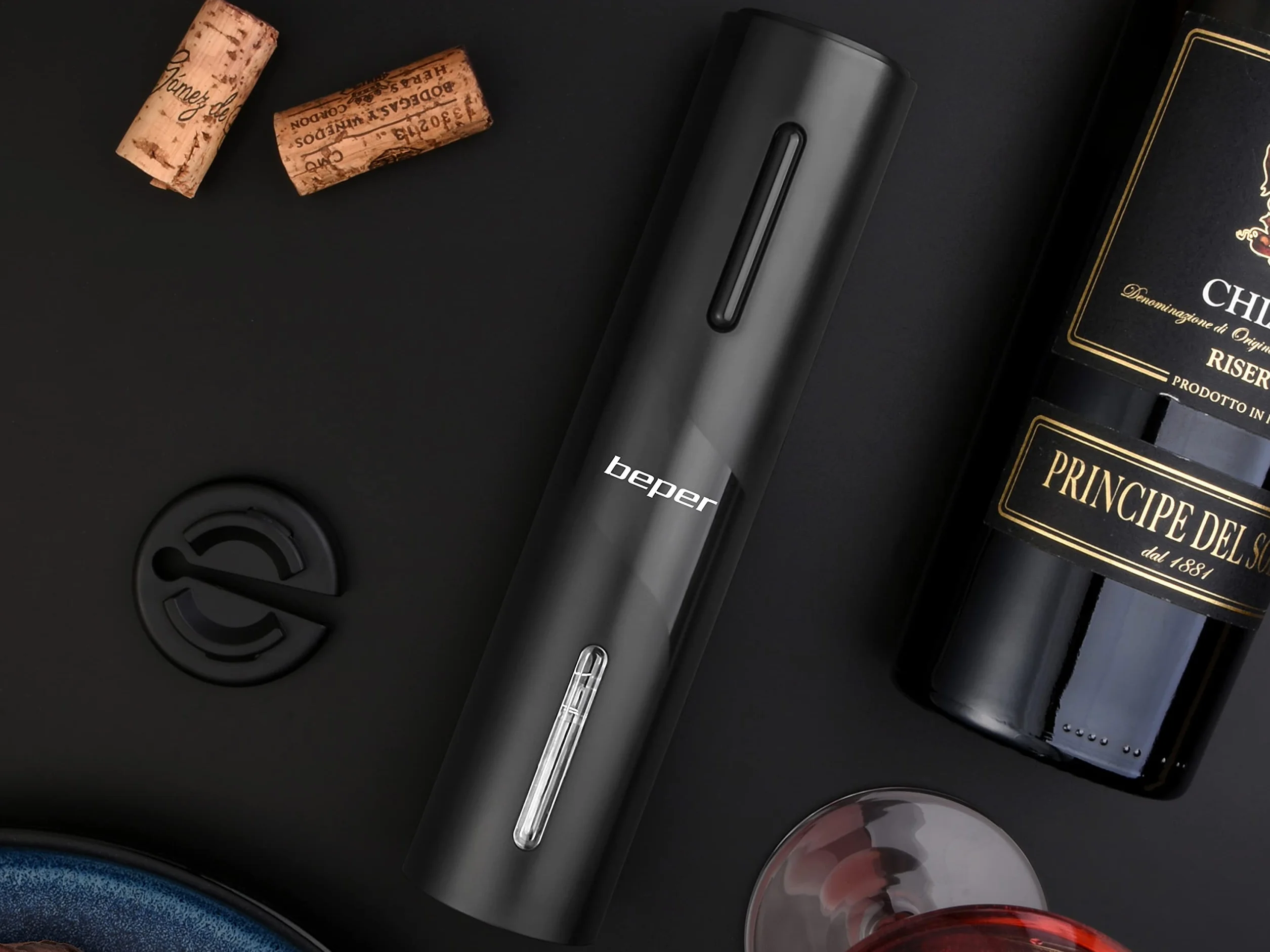 BEPER P102ACP100 Cavatappi Elettrico con Taglia Capsule per Bottiglie di Vino - Stappa Bottiglie Elettrico Ricaricabile con Cavo USB