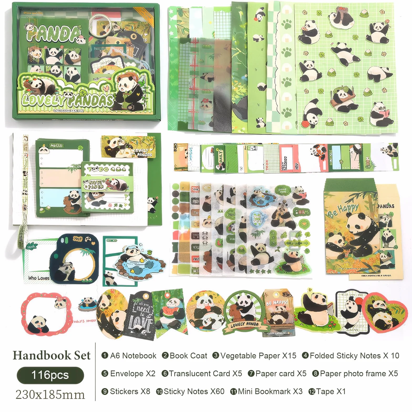 SAVOSWEET Kit Scrapbooking Completo, Panda Set di Accessori per Scrapbook Estetico Bullet Journal, Set Fai Da Te con Quaderno A6, Nastro Washi, Adesivi, Carta Decorativa, Blocco Note, Biglie