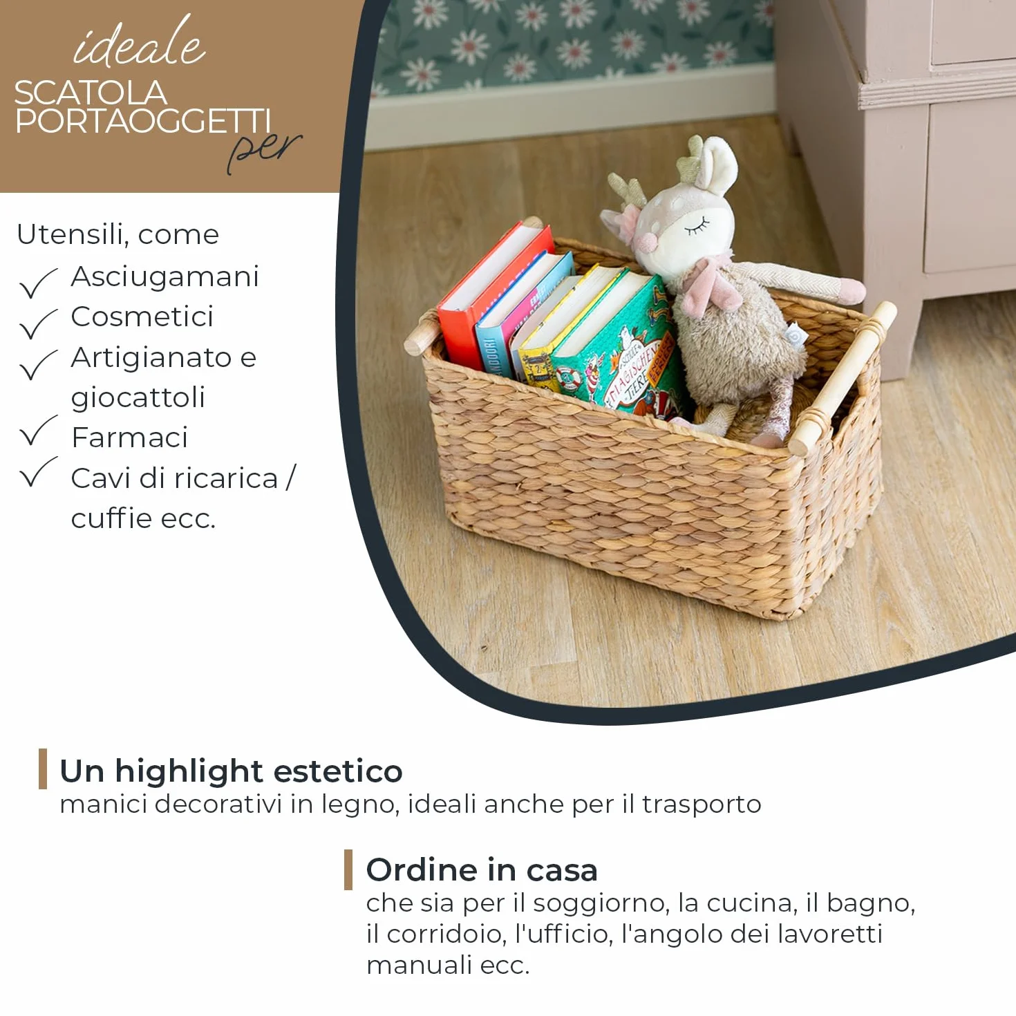 Cesto portaoggetti intrecciato in giacinto d'acqua con manici in legno 37 x 22 x 20 cm naturale