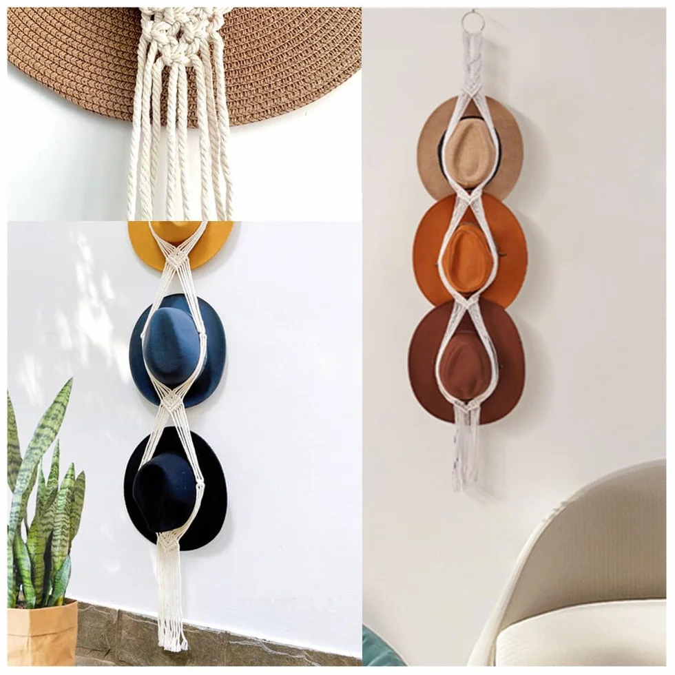 2 ganci per cappelli in macramè, per Wanfoou e cappelli, stile bohémien, da appendere alla parete, organizer per cappelli a tesa larga