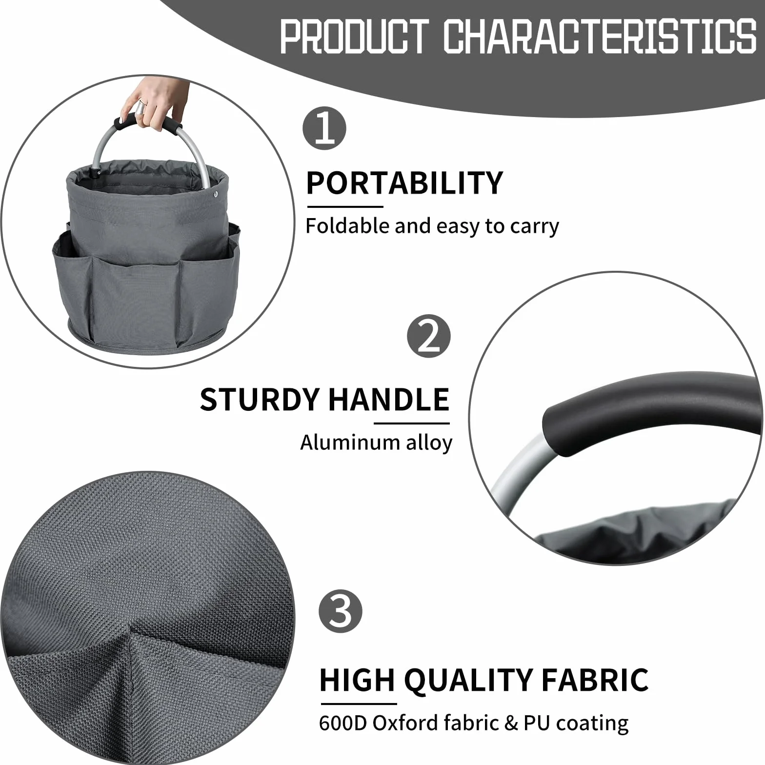 Contenitore per la pulizia con manico pieghevole, organizer tasche, borsa strumenti grigio