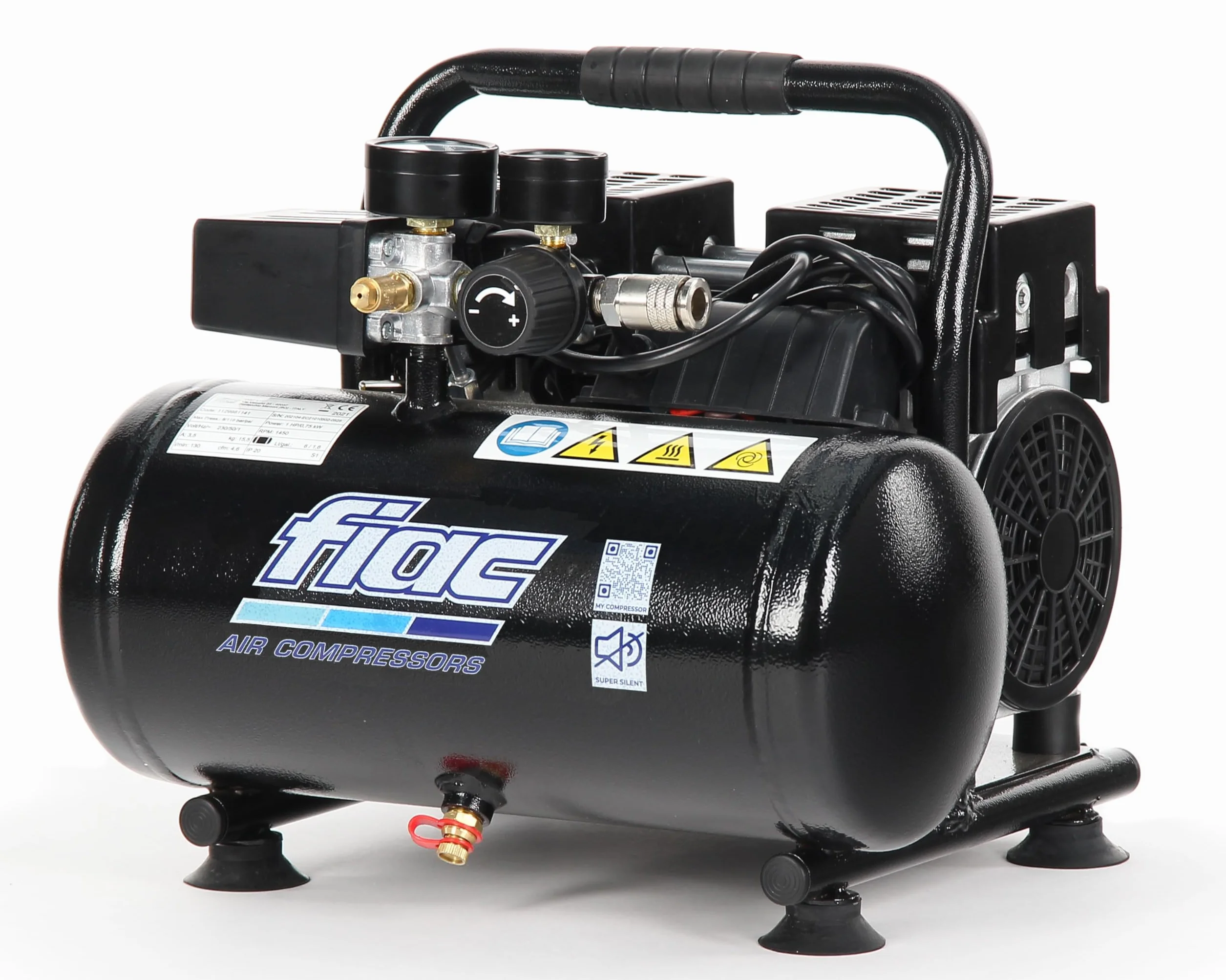 FIAC Compressore d'Aria Portatile Silenzioso SUPERSILENT 6, Oil Free, Pressione Massima 8 Bar, 1 Hp, Serbatoio 6 Litri, Rumorosità 58 dB LpA