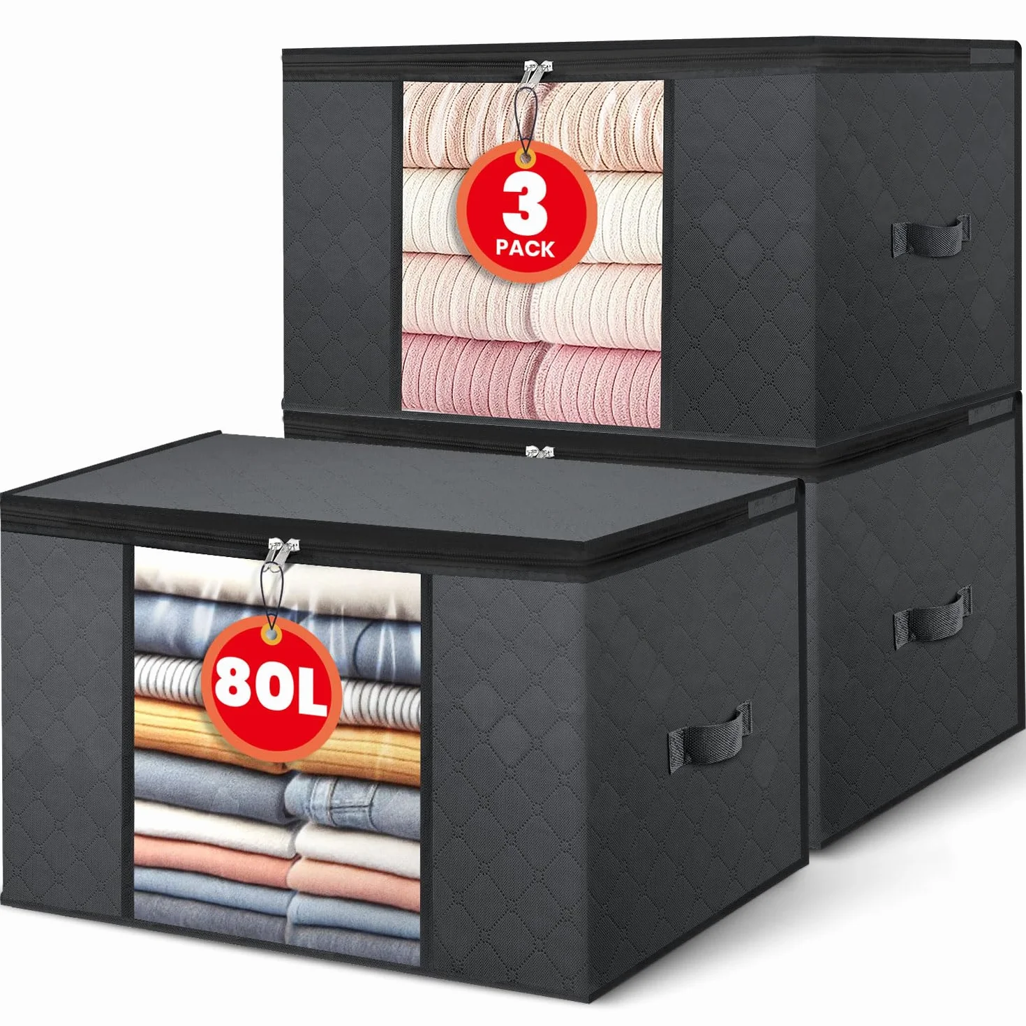 Set da 3 Borse Salvaspazio Pieghevoli 80L – Grigio Scuro – Tessuto a 3 Strati con Finestra Trasparente – per Vestiti, Coperte, Letto, Armadio
