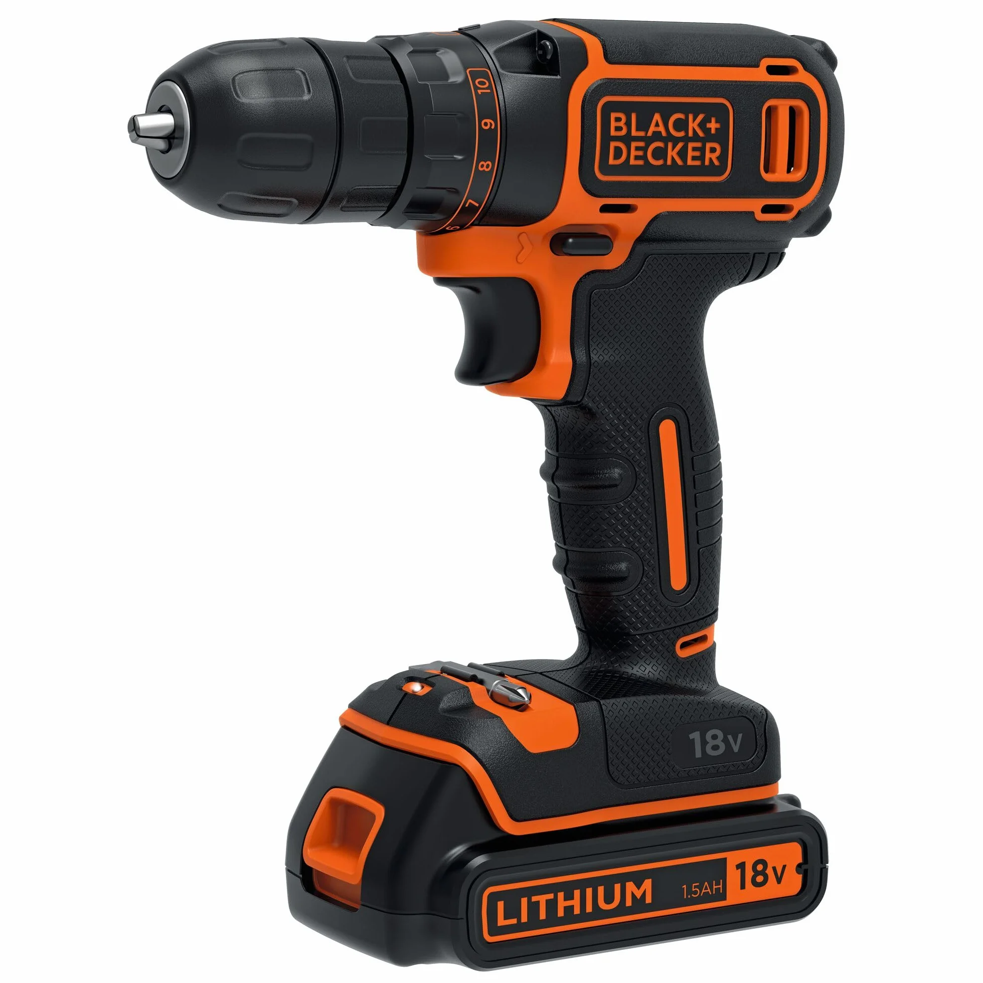 BLACK+DECKER Trapano avvitatore a batteria 18V a 1 velocità. In dotazione: una batteria agli ioni di litio da 18V/1,5Ah e un caricabatterie in una custodia