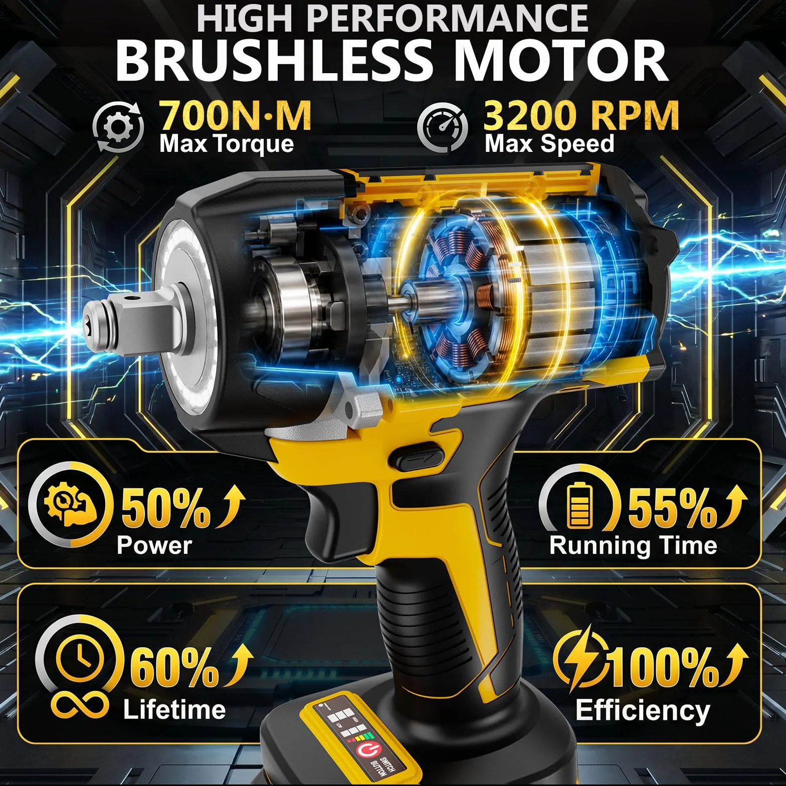 Avvitatore a Impulsi a Batteria 700 Nm 1/2" Brushless 21V con 2 Batterie 4,0 Ah 6 Bussoli Anello LED