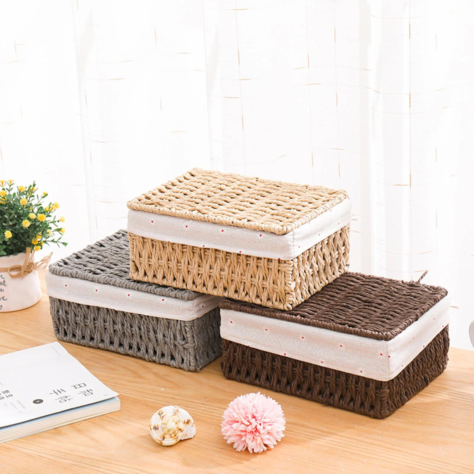 Set di 3 Cestini Portaoggetti Intrecciati a Mano con Coperchio - Corde di Carta Riciclata e Fodera Lavabile - Organizer Multifunzione per Bambini, Bagno, Cucina - Stile Boho Decor (Beige)