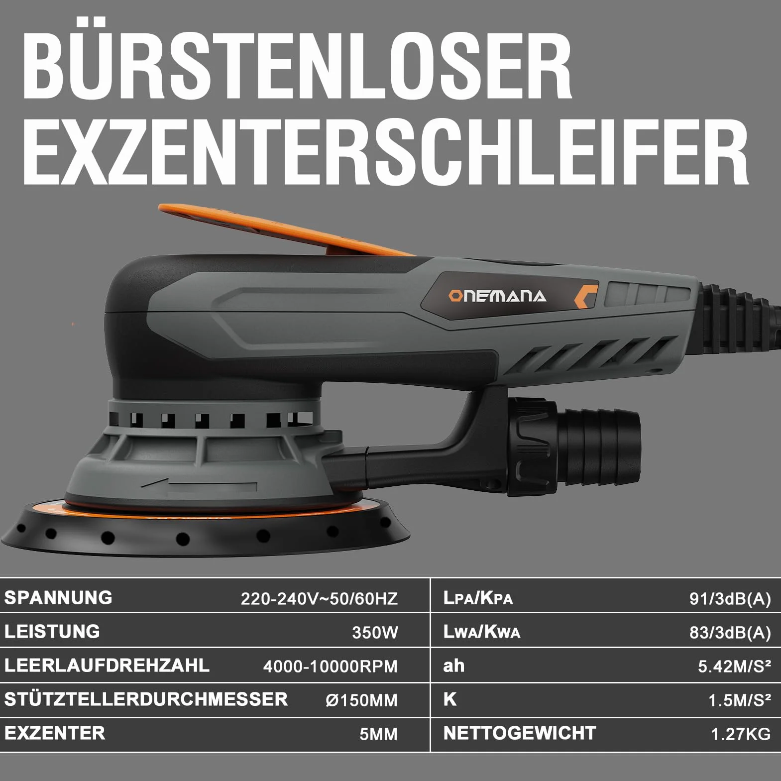 Levigatrice Rotorbitale 150 mm Brushless 350 W 6 Regimi 4000-10000 RPM Aspirazione Polvere