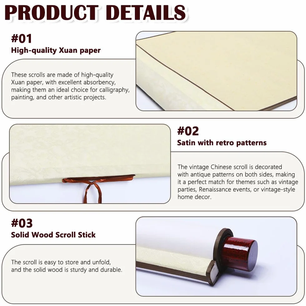 Keboyoe 3 Rotolo 80×34cm Xuan Carta Pergamena Bianca per Chinoise Calligraphie, Carta Pergamena Scroll Rice Paper con Aste di Legno per Peinture Scrittura Chinois