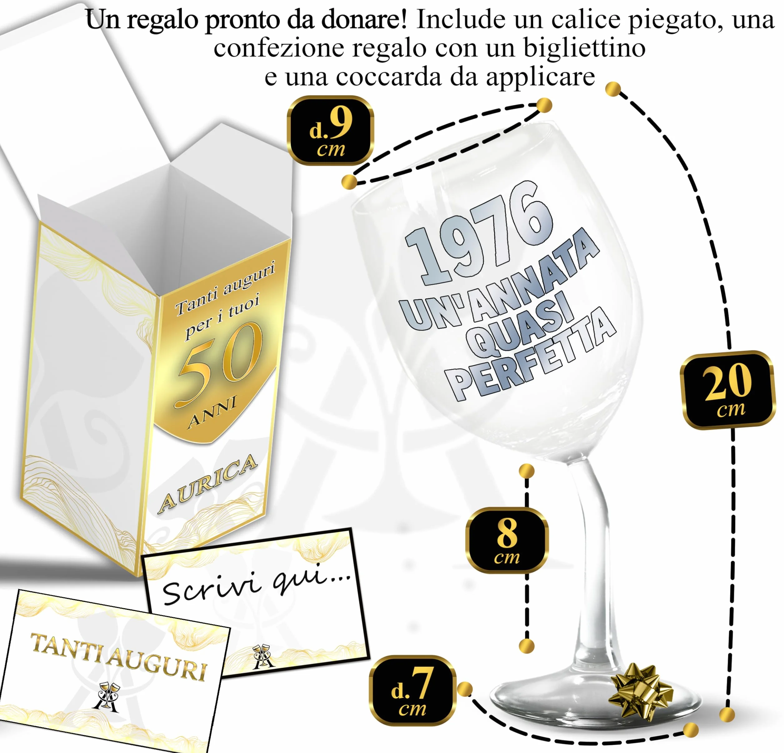 Calice Vino Personalizzato 50 ANNI - Bicchiere Piegato 440ml Cristallino Compleanno Regalo Originale 1976 con Scatola