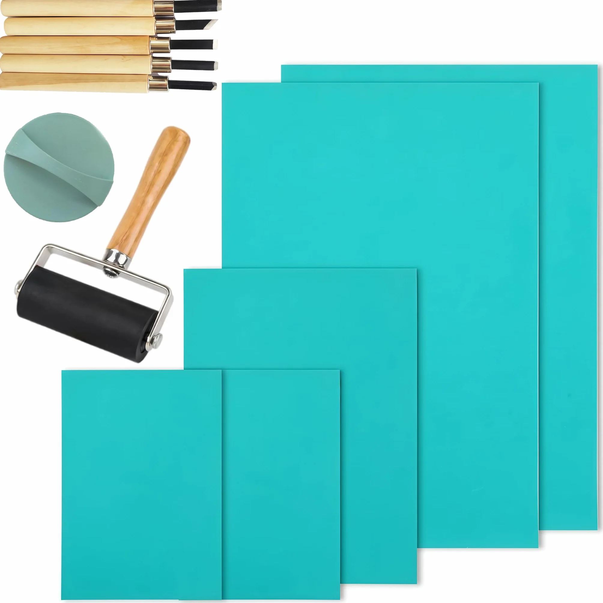Set di Stampa Linocut - Kit Iniziale in linogravatura da 12 Pezzi con lastre in Linoleum, Carte da tracciamento e Strumenti per francobolli Fai-da-Te, Stampa e Poster artistici