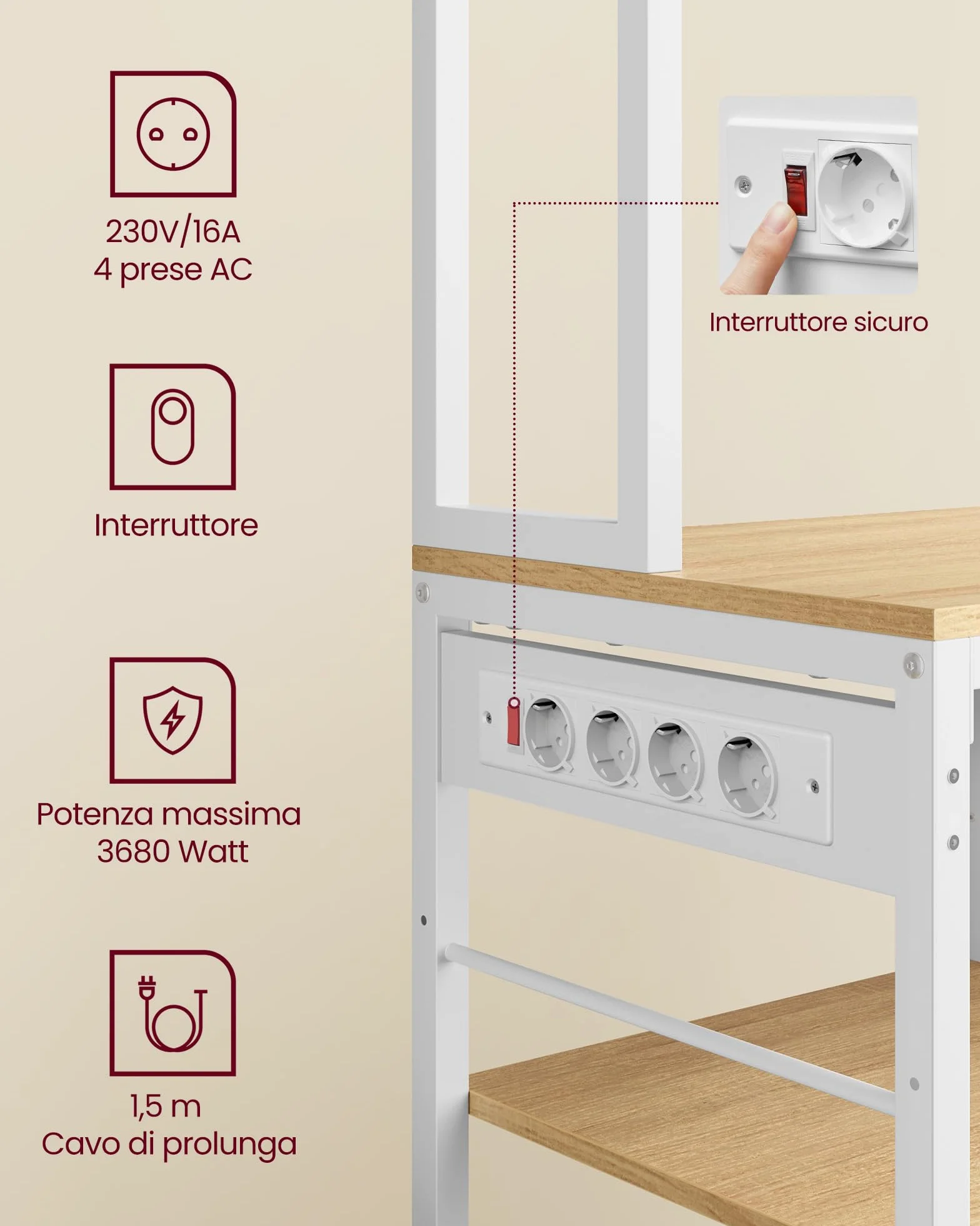 VASAGLE Scaffale Cucina con Multipresa, Mobile Cucina, 40 x 80 x 180,4 cm, Scaffale per Microonde, Ripiani Regolabili, Cassetto in Tessuto, 12 Ganci, Rovere Dorato e Bianco Nuvola KKS015Y02