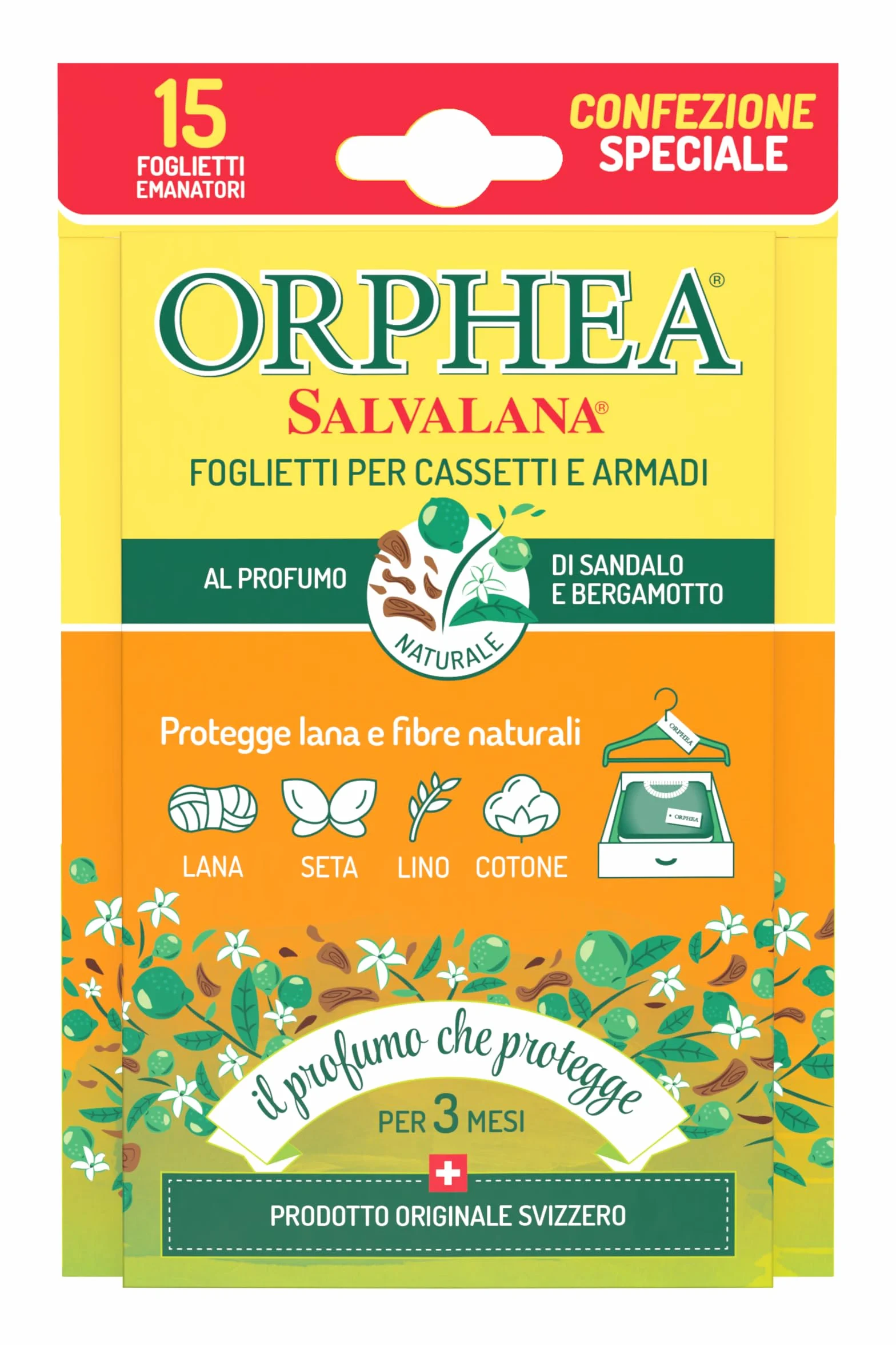 Orphea Salvalana, Foglietti per Cassetti e Armadi, Protegge Lana e Vestiti Tutta la Stagione, Profumo di sandalo e bergamotto, agisce per 12 settimane - 15 Foglietti Emanatori