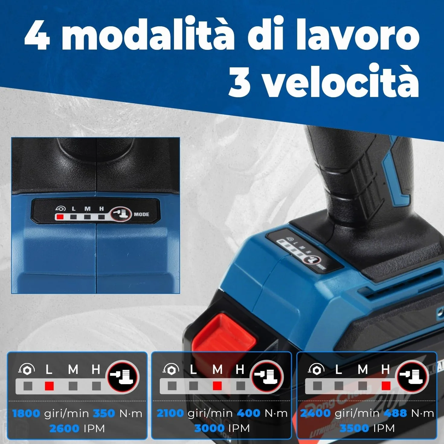 Dong Cheng Avvitatore a impulsi a batteria 20V 4,0 Ah brushless attacco 1/2" 3 velocità