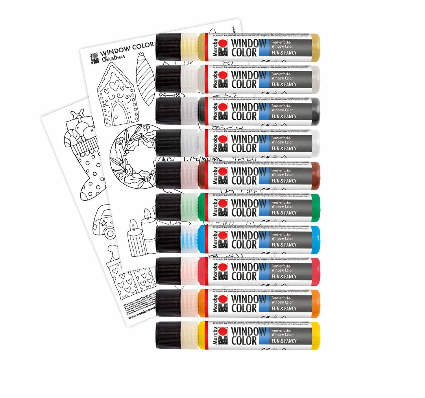 Marabu 0406000013894 - Set di 10 colori per finestre da 25 ml e un modello con 20 motivi, colori a base d'acqua, adatto per vetro, specchi, piastrelle e pellicole