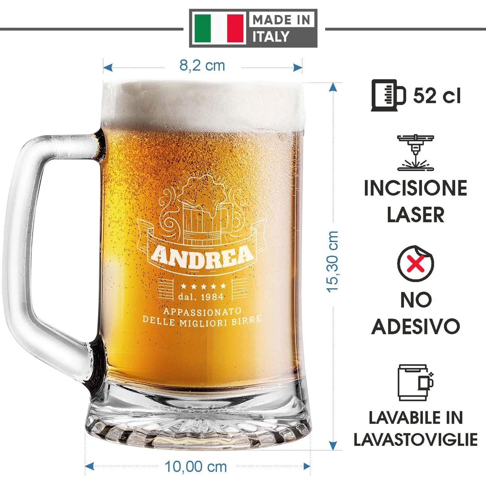 Boccale per Birra Personalizzato 520 ml H15,3 cm Ø9,3 cm Regalo Compleanno 40 50 anni