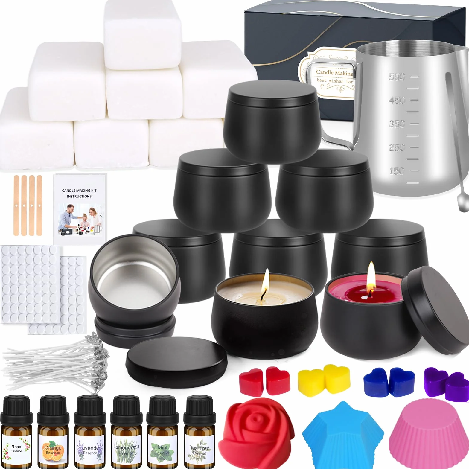 Kit per Fabbricazione Candele, Kit per Natale Produzione di 9-Candele per Principianti, DIY Set Regalo con Pentola per Versare,Stoppini,Adesivi,Cucchiai per Mescolare,6 Oli Essenziali,480g Cera Soia