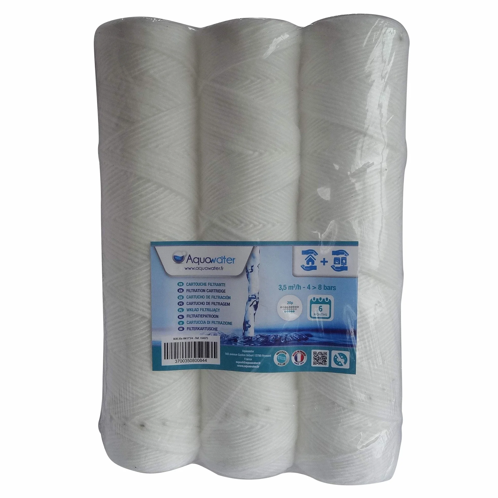 AQUAWATER Confezione da 3 cartucce filtranti avvolto 20μ formato standard 10"