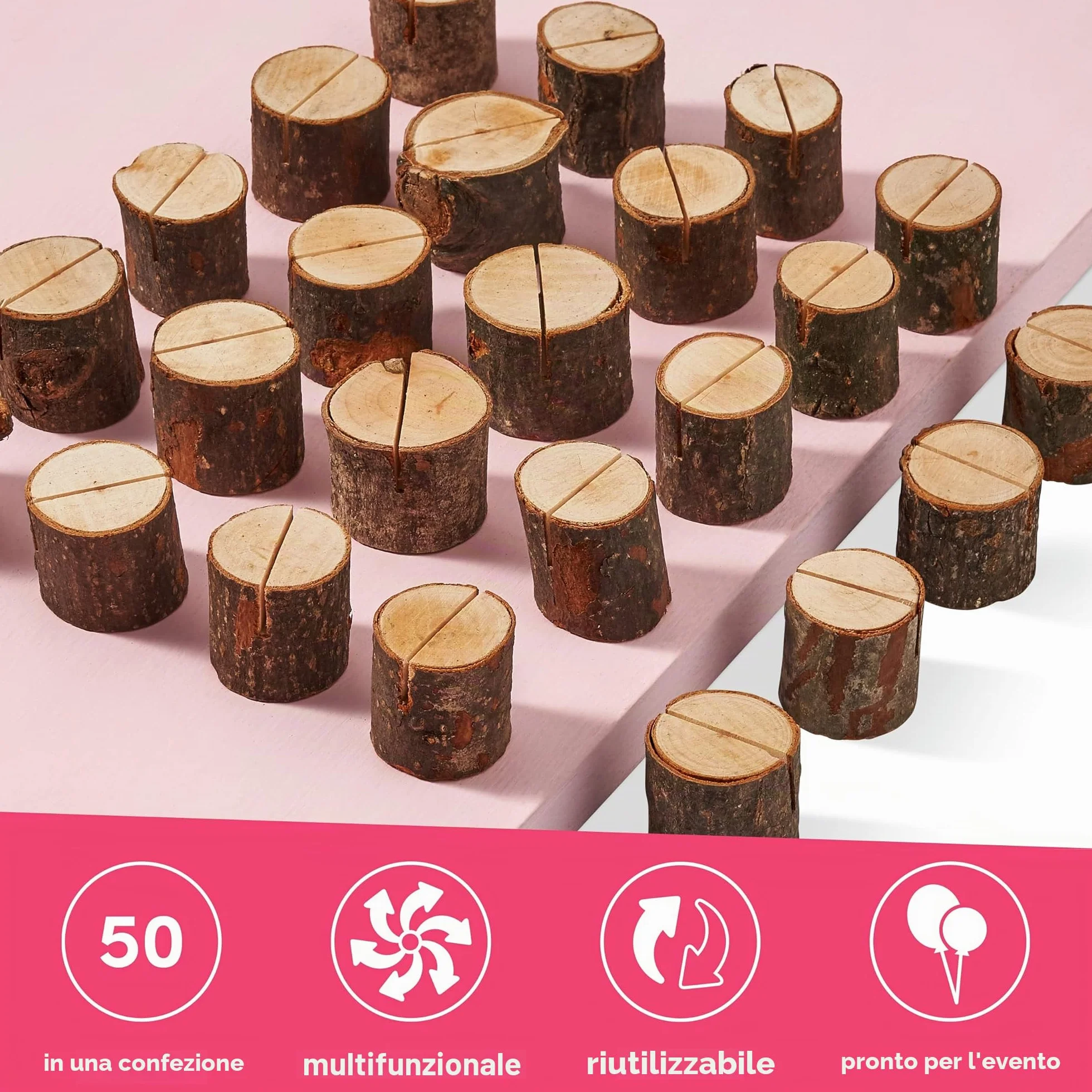THE TWIDDLERS 50 Segnaposto in Legno di Pino per Matrimonio, Battesimo, Comunione e Feste - Portamenù e Portafoto da Tavolo a Forma di Tronchetto, 3 cm
