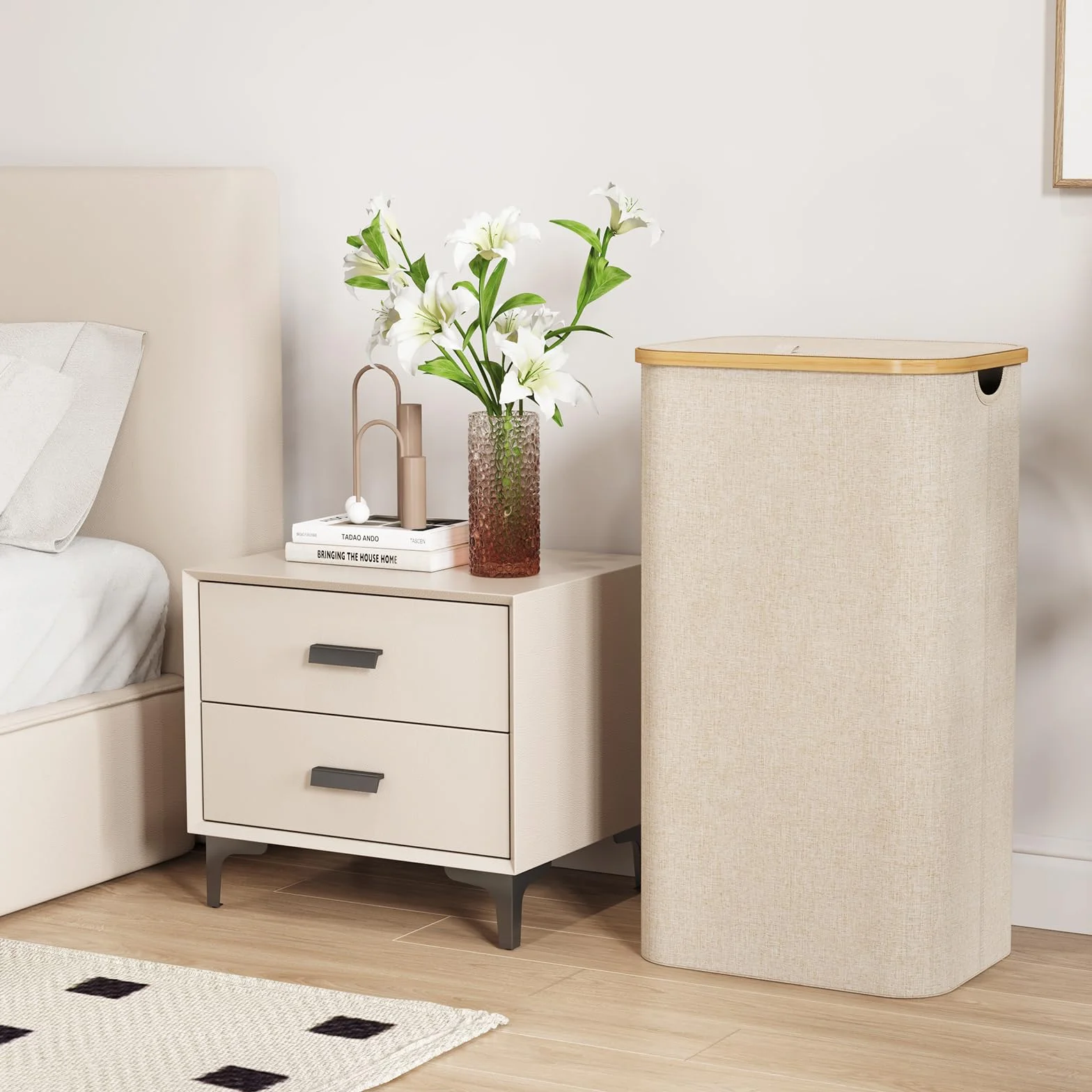 Lifewit Cesta Portabiancheria 100 L con Coperchio, Grande Cesto Biancheria Pieghevole in Bambù con Sacco Interno, Portabiancheria Salvaspazio, Laundry Basket per Camera da Letto, Bagno, Beige