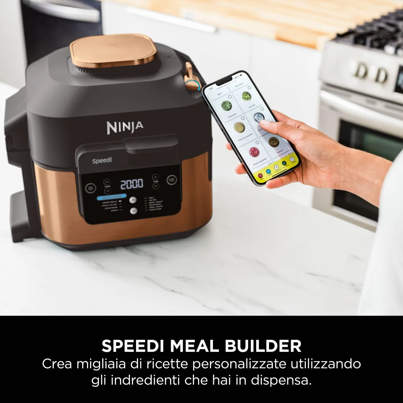Ninja Speedi Pentola Elettrica Rapida 10 in 1, Friggitrice ad Aria, 5,7 l, Pasti per 4 in 15 Minuti, Frittura ad Aria e Cottura al Vapore, Nero/Rame, ON400EUCP