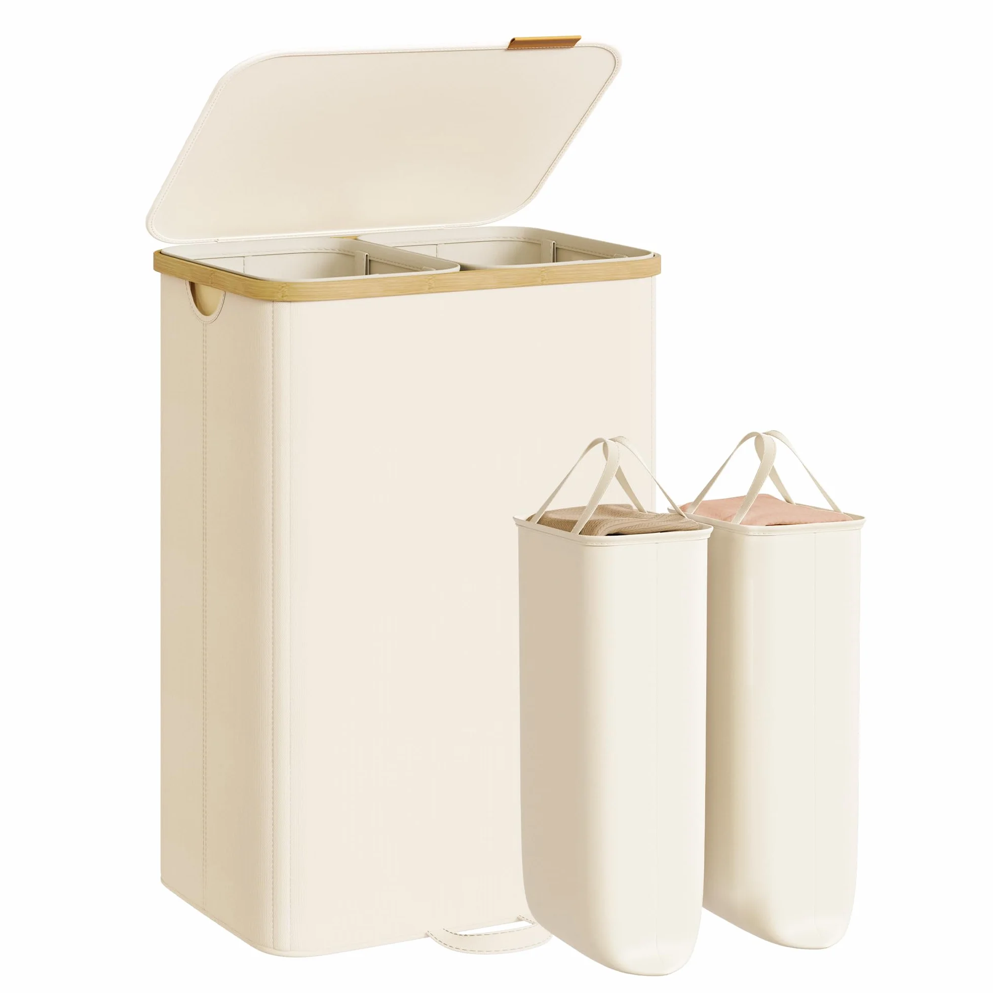 SONGMICS Cesto Portabiancheria con Coperchio, Cesta Porta Biancheria Sporca, Sacchi Interni Rimovibili, Telaio in Bambù, Lavanderia Camera da Letto, 2 Scomparti, 150 L, Bianco Crema LCB532WD01