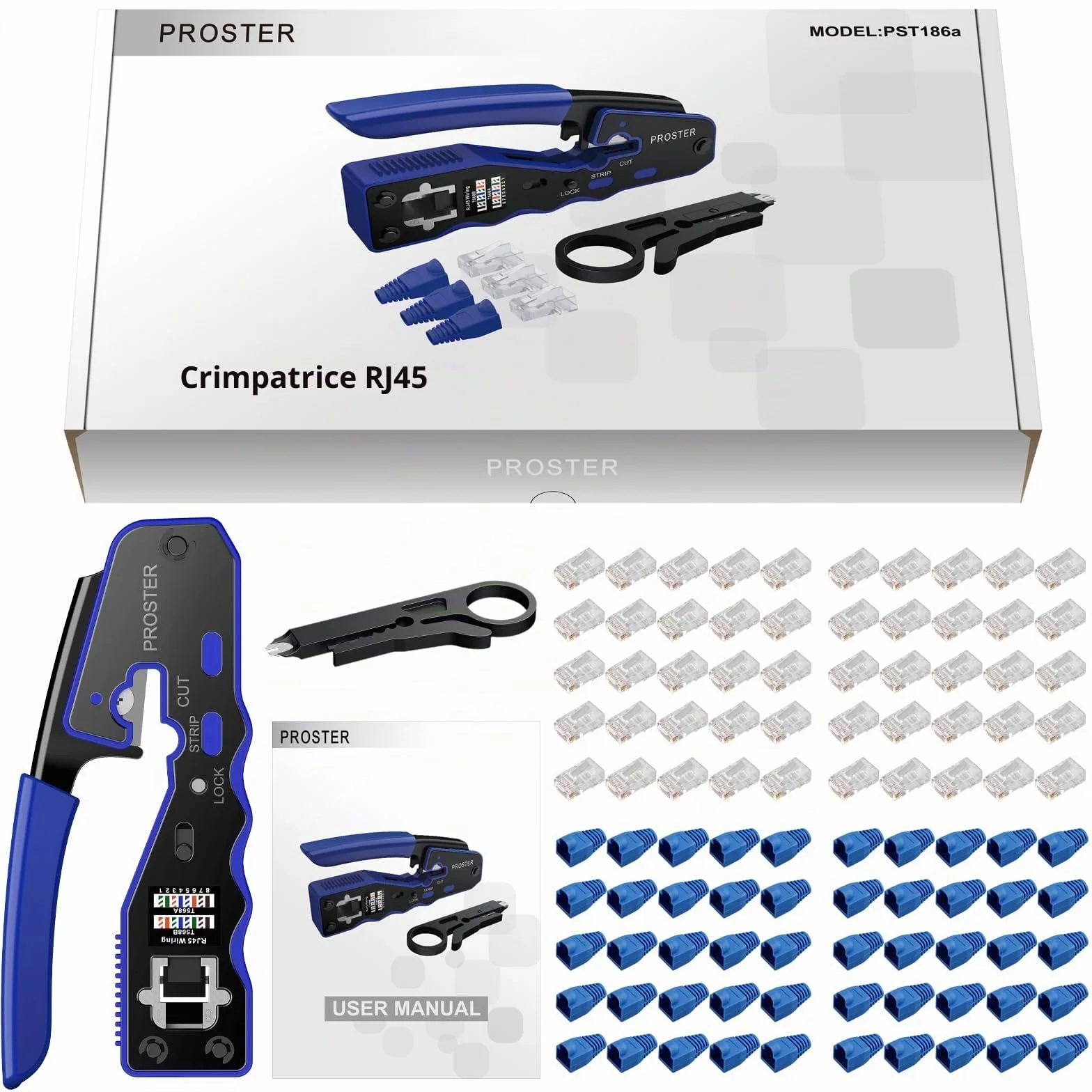 Proster Pinza Crimpatrice RJ45 Pass Through Multifunzione Spelafili per Cavo Rete RJ45 Cat6 Cat5 Cat5e Kit Strumento Crimpatura con 50pz Connettori Cat6 e Coperture di Protezione Blu