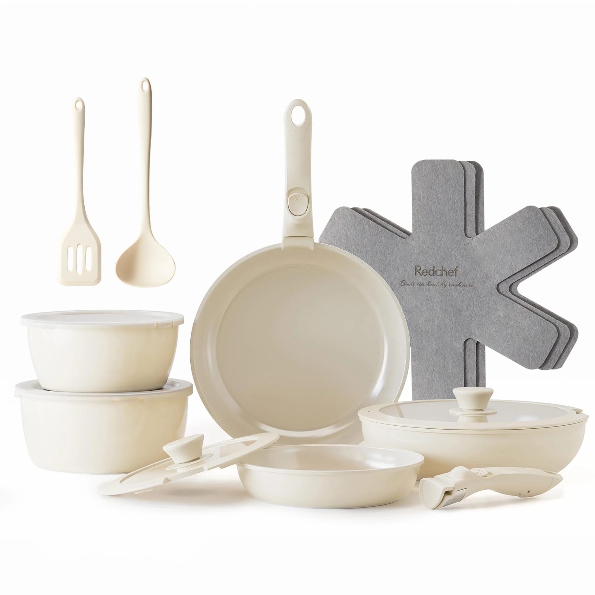 Redchef Set di Pentole in Ceramica 16 Pezzi, Padelle Antiaderente con Manico Rimovibile, Pentola 18/20 cm & Padella 20/26 cm, Impilabile, per Tutti i Piani Cottura e Forno, Bianco