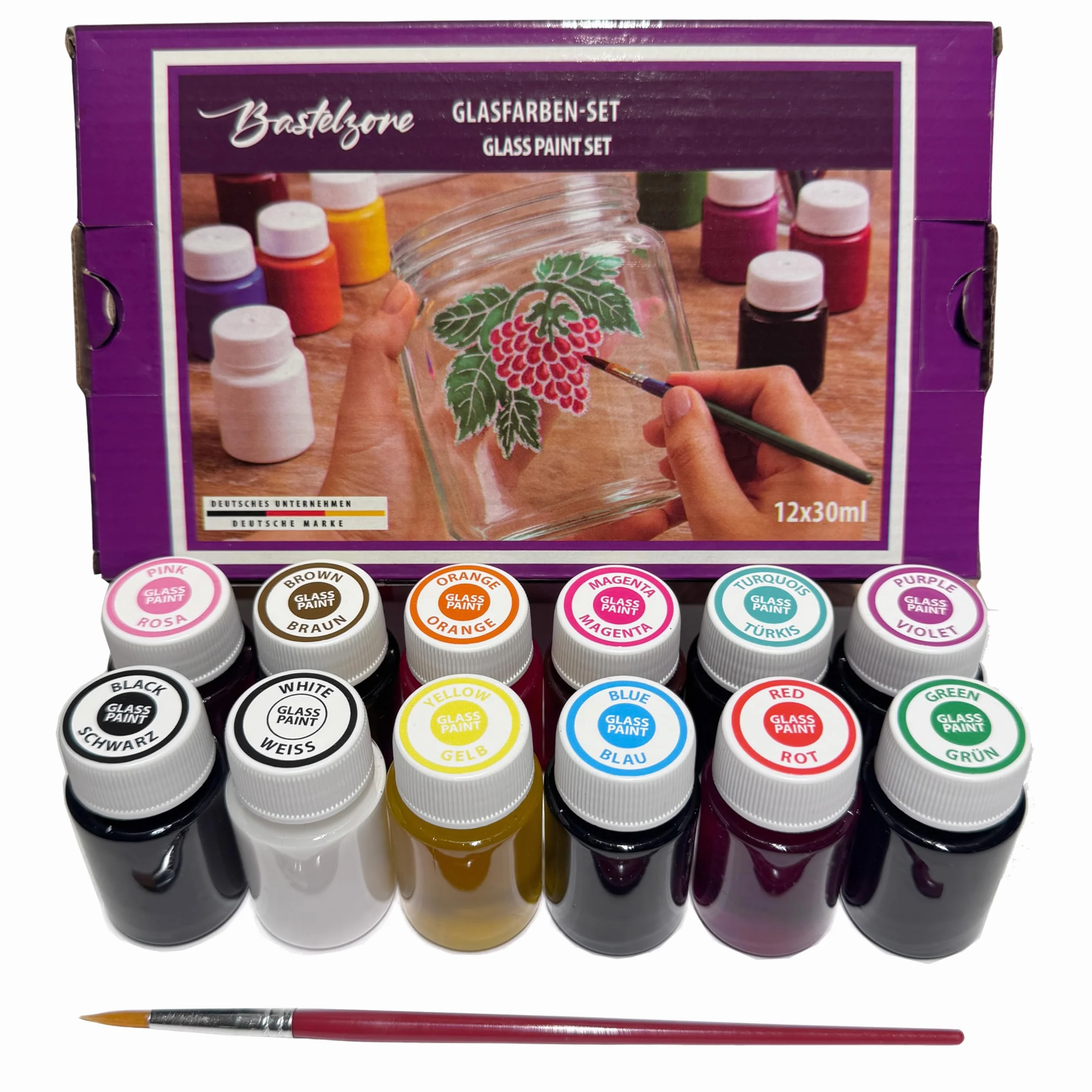 Set di colori in vetro trasparenti a base d'acqua 12 x 30 ml con pennello per decorazione