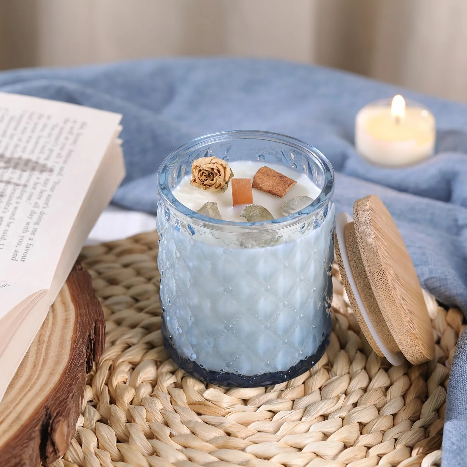LETINE Set di 6 barattoli in vetro blu da 200 ml con coperchio, portacandele da riempire, portacandele per la produzione di candele, adesivi per stoppini di candela, etichette per candele, stoppino