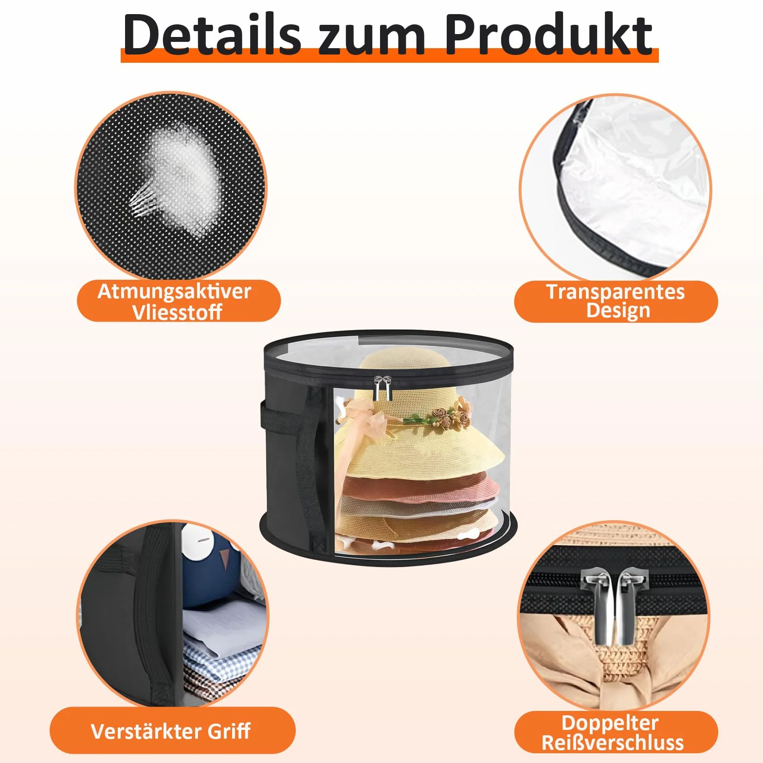 Scatola per cappelli rotonda con coperchio e finestra trasparente, valigia per cappelli con manico stabile