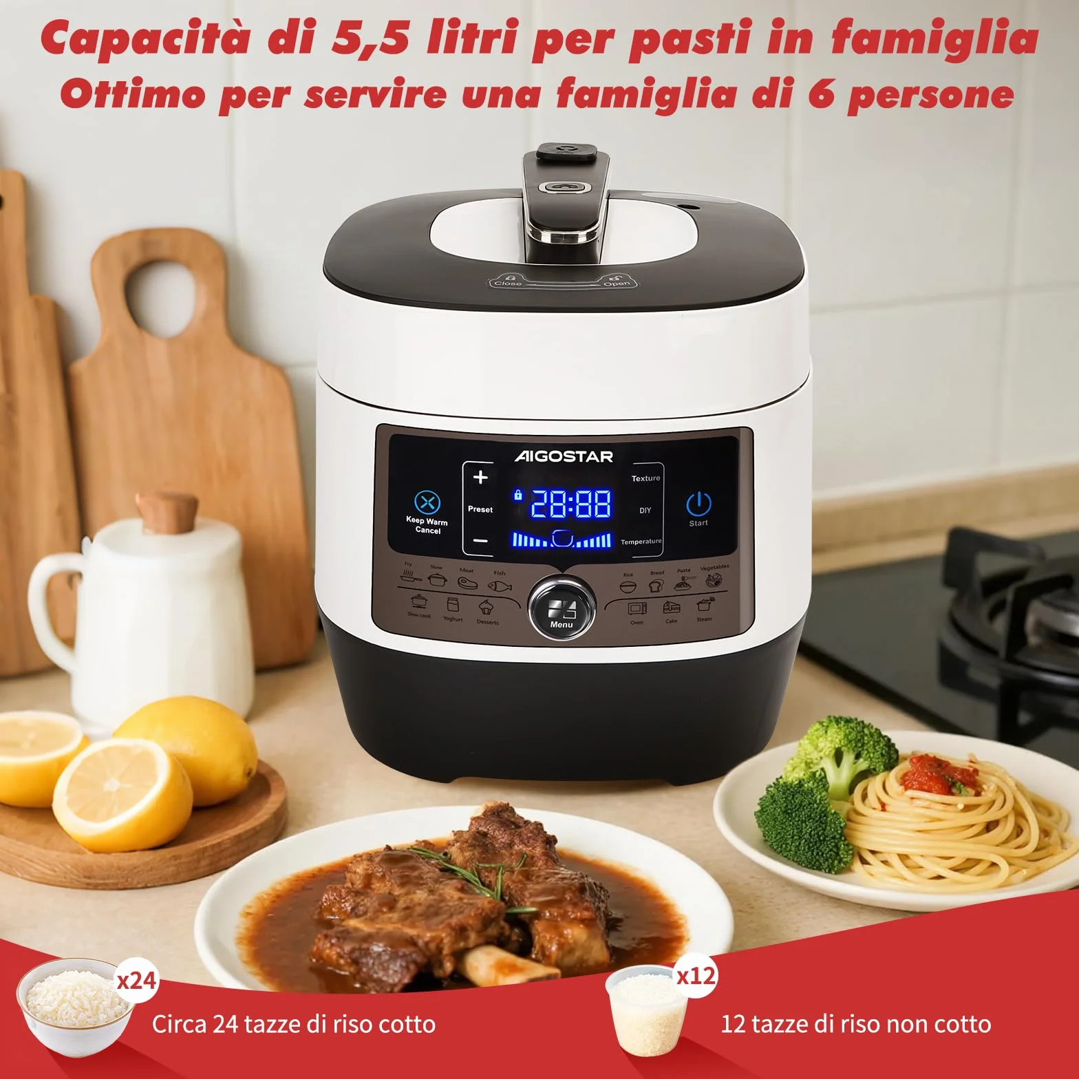 Aigostar Panda – Pentola a Pressione Multifunzione e Cottura Lenta, 14 Funzioni Programmabili, Pentola in Lega di Alluminio con Rivestimento Antiaderente da 5,5 litri, 1000 W, Ricettario in PDF