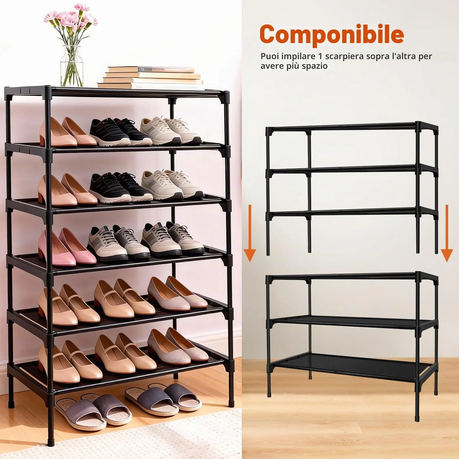 Scarpiera 3 Ripiani Impilabile Portascarpe Organizzatore Metallo 9 Paia 60x30x36 cm Nero
