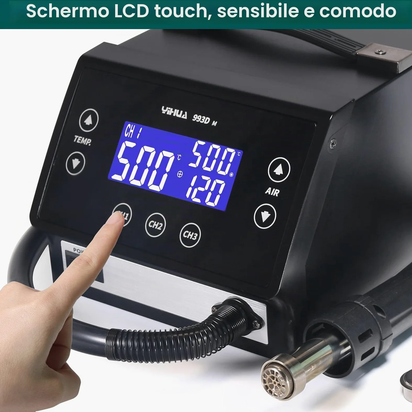 YIHUA 993DM Stazione saldante ad aria calda, ad alta potenza, con di stabilizzazione della temperatura, preimpostati canali, per i lavori di precisione e le riparazioni su circuiti elettronici Apple