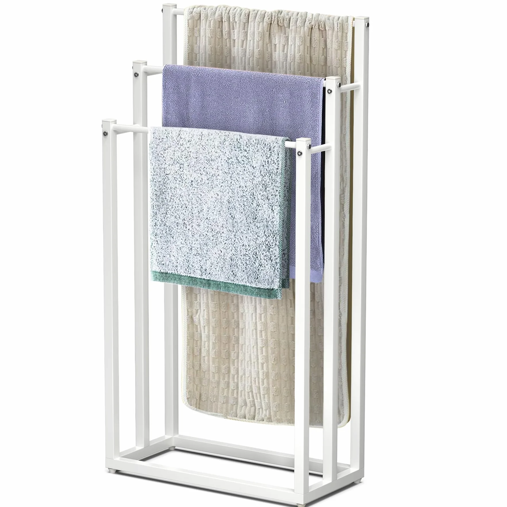 VOUNOT® Porta Asciugamani Bagno da Terra, Portasciugamani Autoportante in Metallo con 3 Bracci, Organizzatore per Bagno, 45x22x86 cm, Bianco