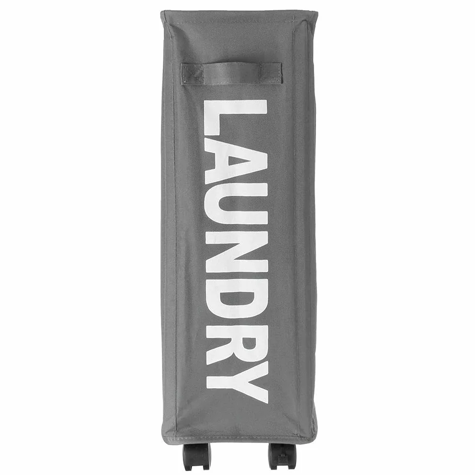 BAKAJI Cesto Porta Biancheria Sporca Portabiancheria Slim Salvaspazio Pieghevole in Tessuto Decorazione Scritta Contenitore con Chiusra a Rete Manico e 4 Ruote Dimensione 39 x 20 x 56 cm (Grigio)