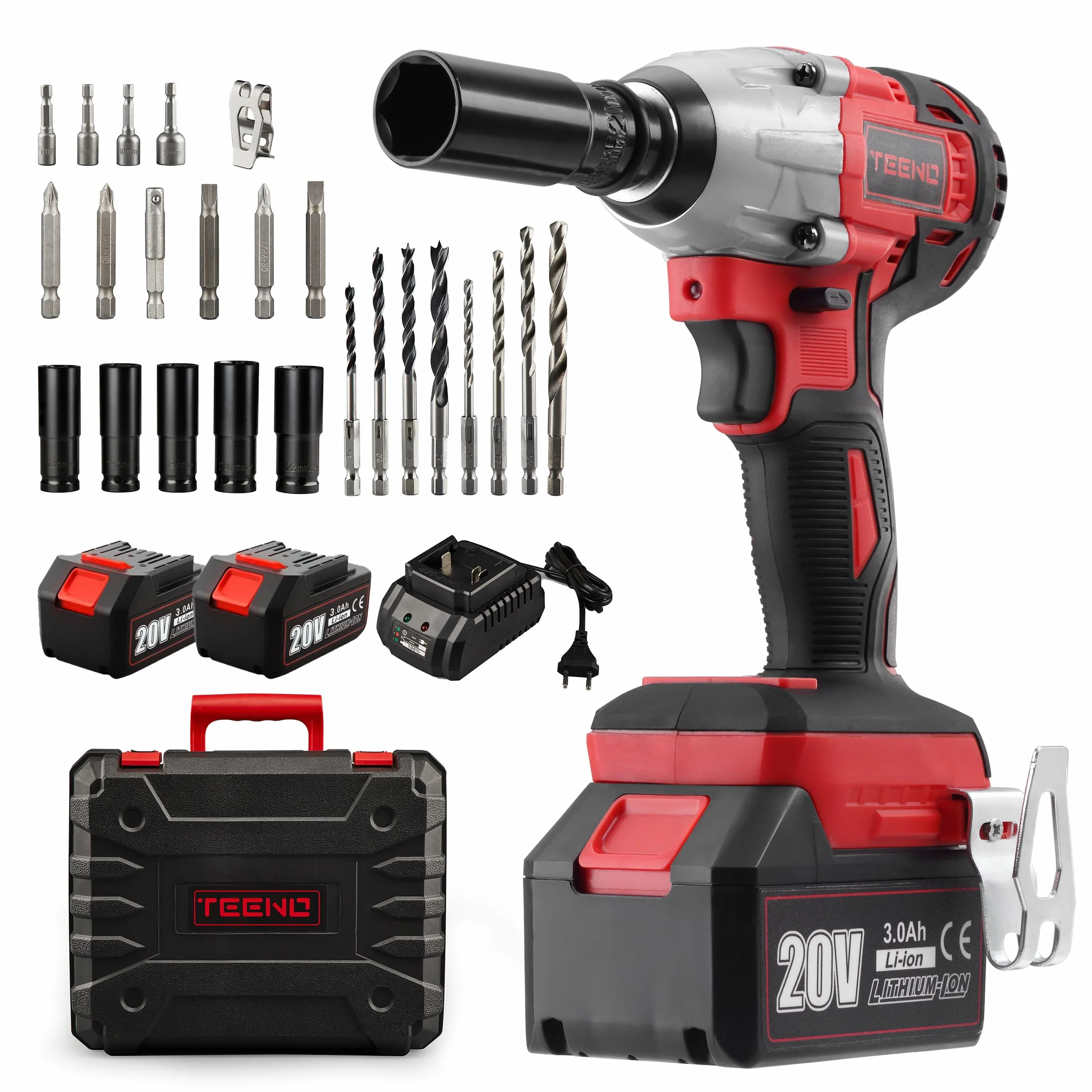 TEENO Chiave a percussione senza fili 320 Nm Bullonatrice a urto 3,0 Ah 25 accessori
