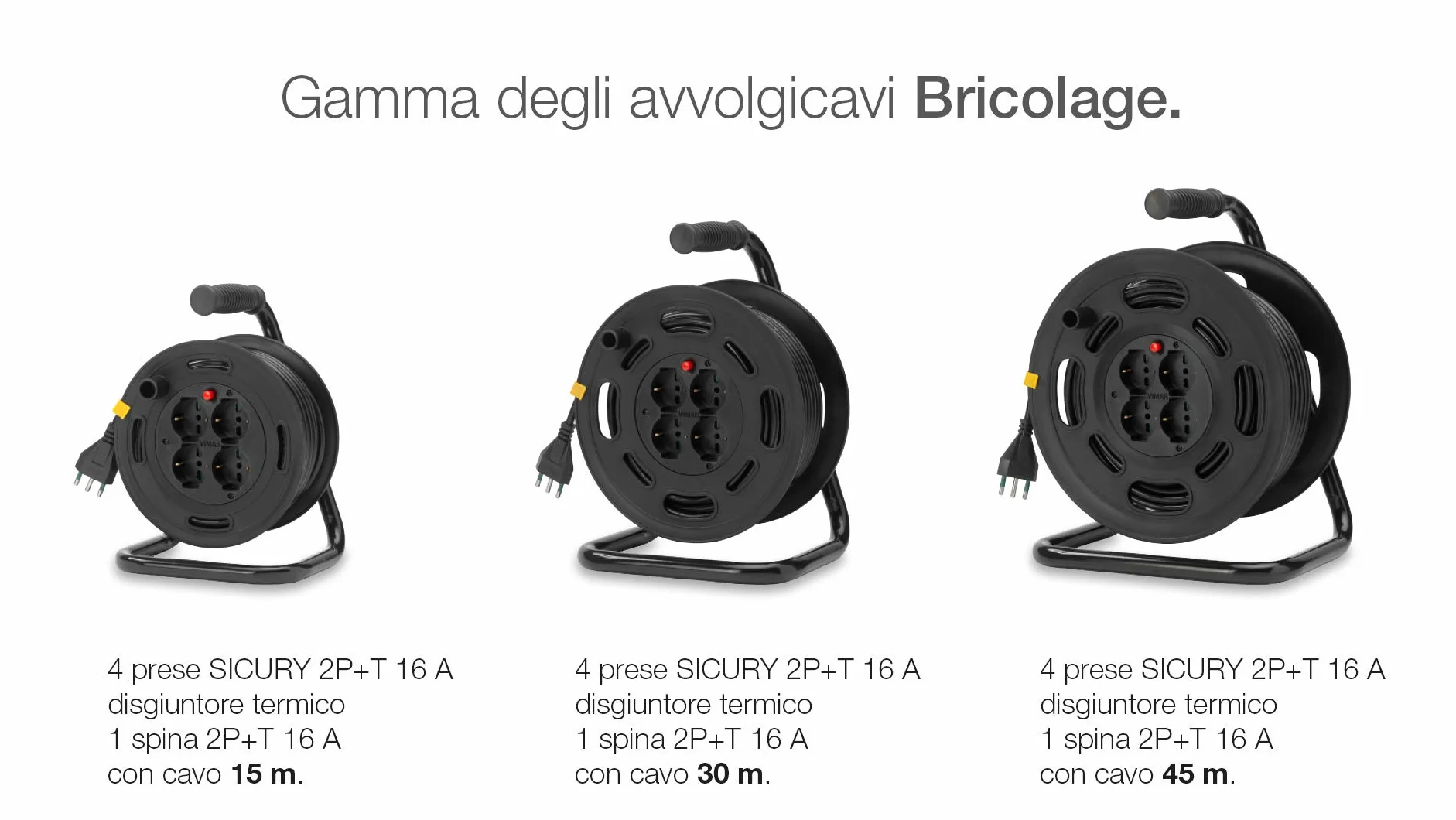Vimar 0P32730 Avvolgicavo 16A 4 Uscite Universali 15M, Nero, ‎16.75 x 11.75 x 16.75 cm, 2.5 Kg