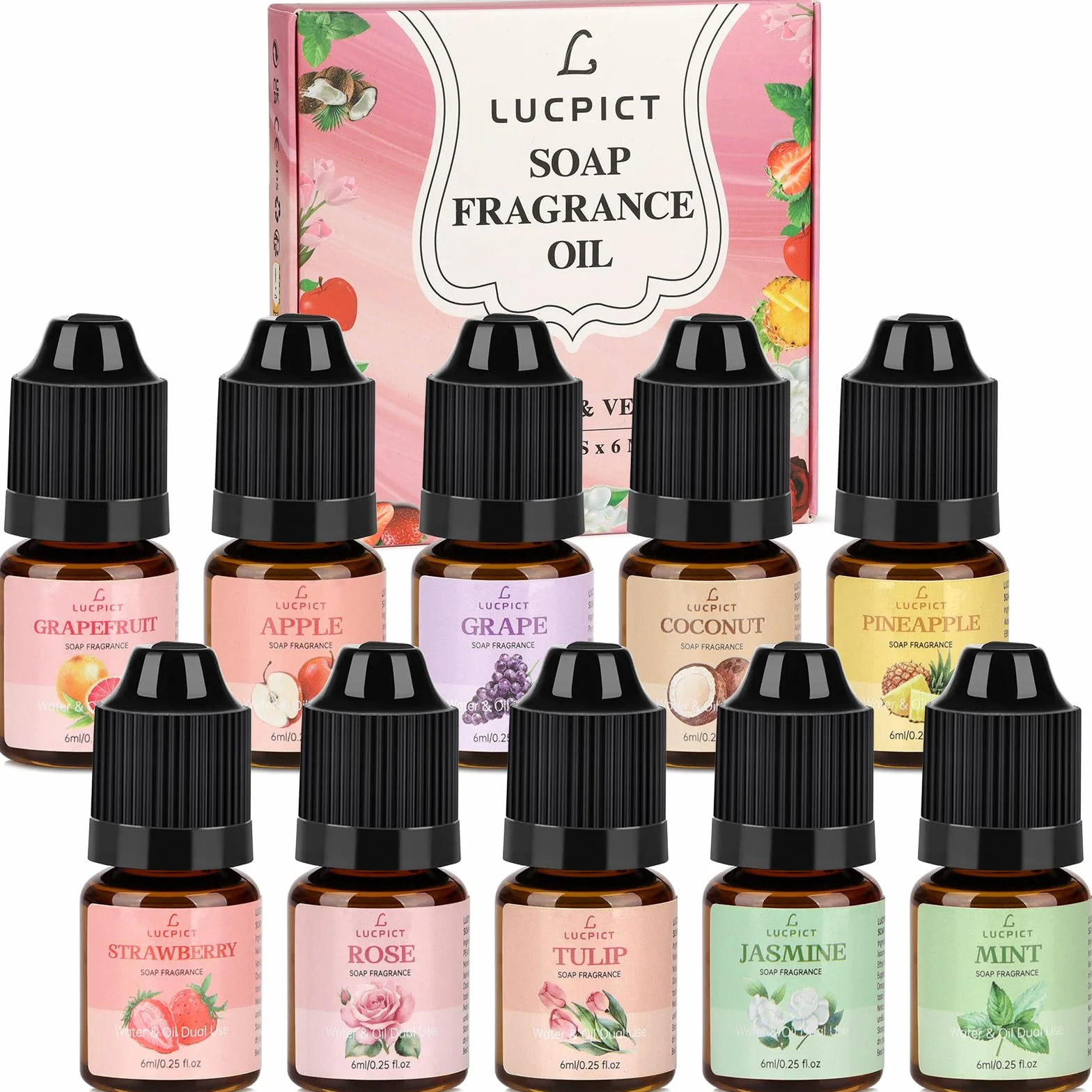 Olio profumato per sapone, olio profumato per la produzione di sapone, set di oli profumati in qualità alimentare, per bombe da bagno fai da te, muco, arte, candele, cosmetici (serie 10 x 6