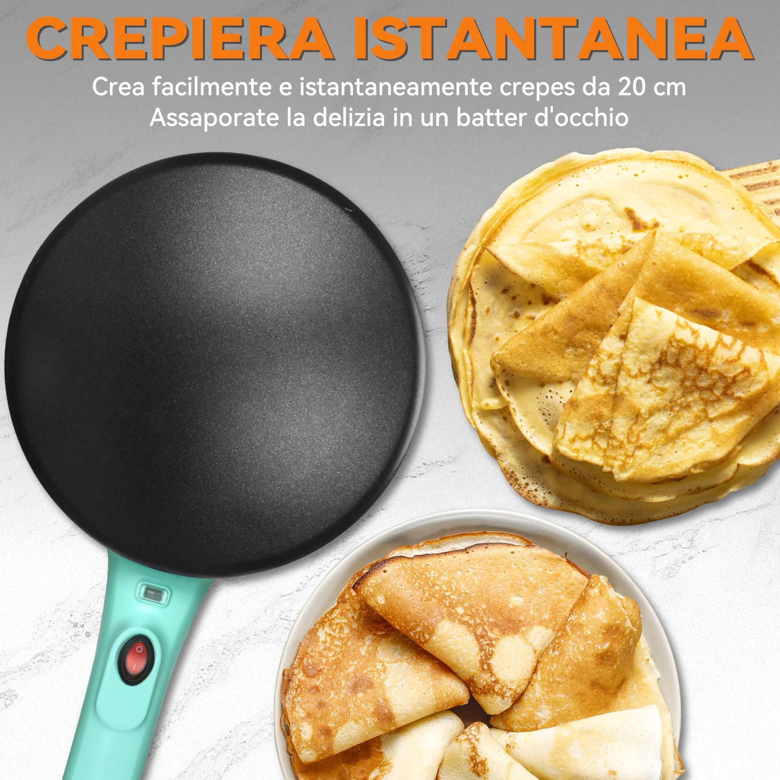 Baker's Friend Macchina per Crêpes Istantanee con Manico, Macchina Elettrica Padella per Crêpes, Crêperia Elettrica, Padella Crepes Antiaderente da 20 cm, Blu-verde