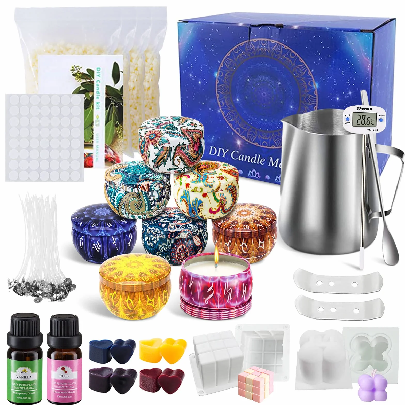 Kit di produzione di candele di cera fai da te, con descrizione, include 4 confezioni di cera di soia, 8 scatole di pentole,80 stoppini e 1 cucchiaio