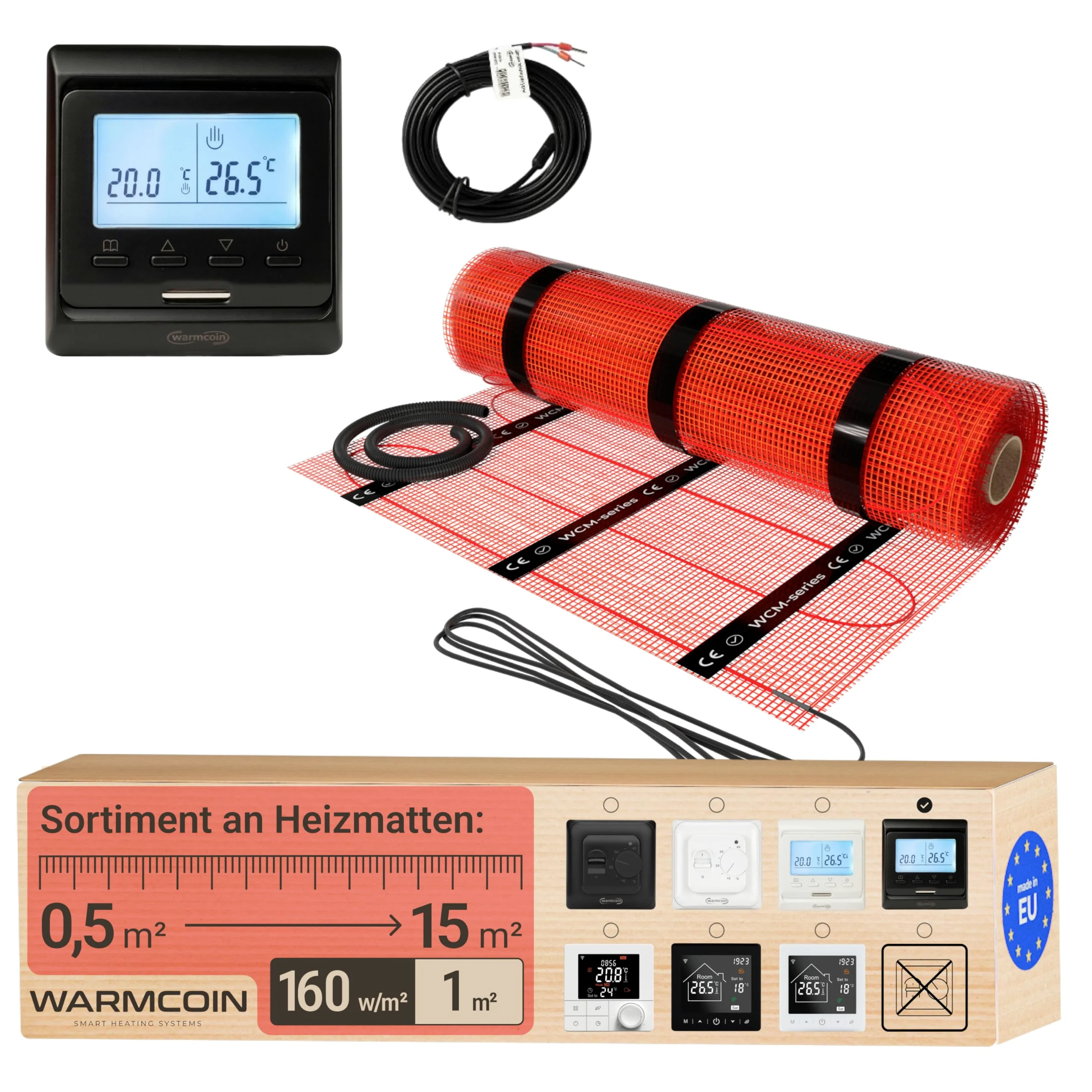 Kit Riscaldamento a Pavimento Elettrico 160W/m² – Stuoia Autoadesiva 1,0 m² (0,5x2m) – Piastrelle, Laminato, Vinile – Con Cronotermostato LCD Programmabile W51 Nero