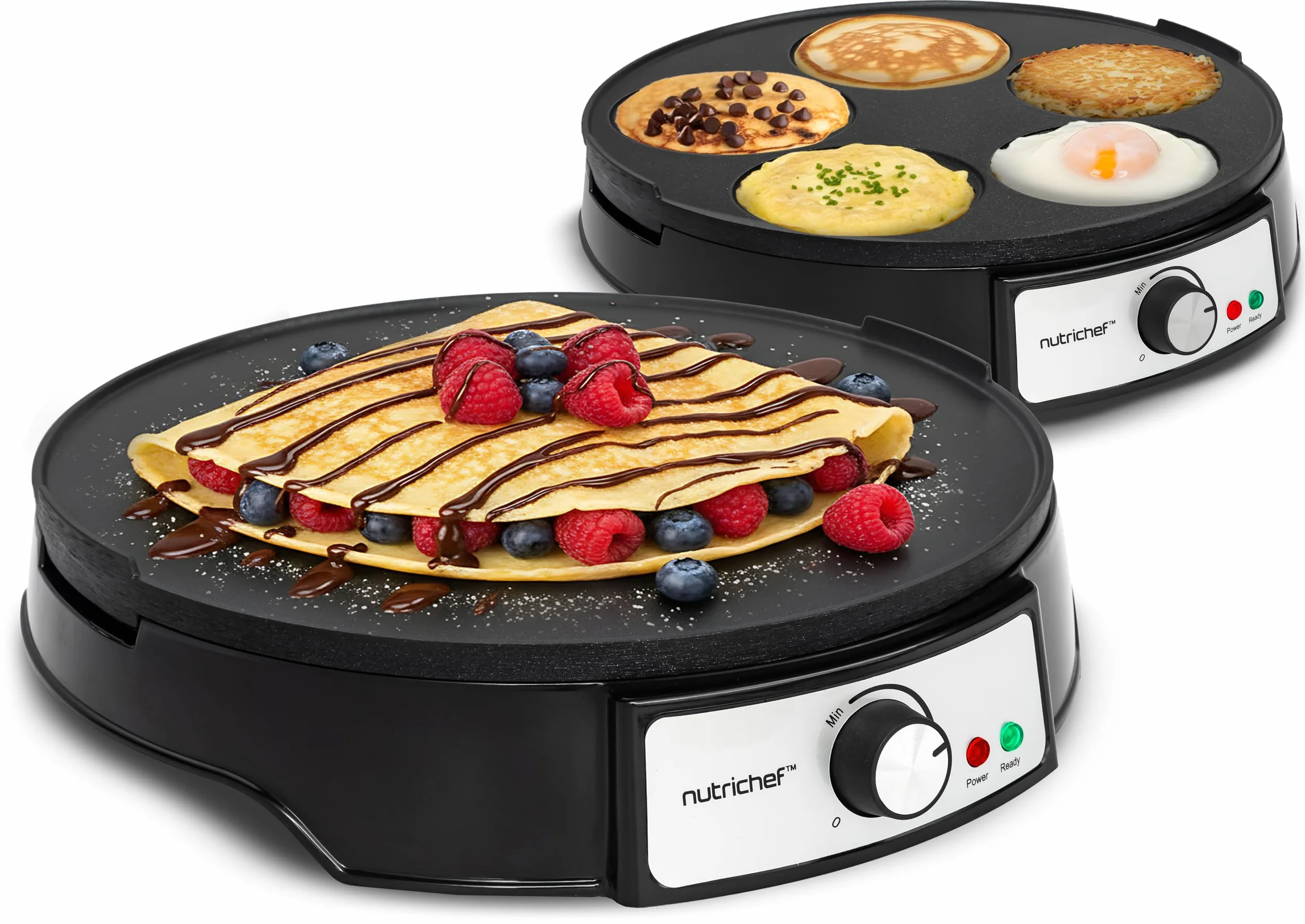 NutriChef Crepiera Elettrica 30 cm 1000W, Crepiera con Piastra Antiaderente Reversibile, Temperatura Regolabile, LED, Spatola e Dispenser, Ideale per Crepes, Crespelle, Pancake, Uova e Bacon