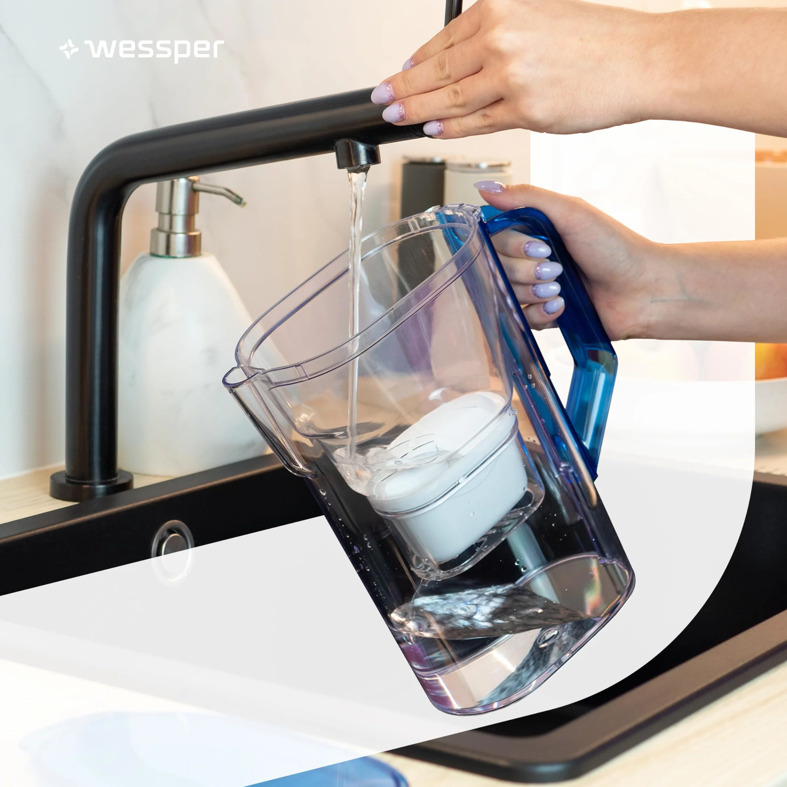 Wessper Caraffa Filtrante 2,7L con Filtri Carbone Attivo e Resina a Scambio Ionico, Set 6 Filtri - Blu