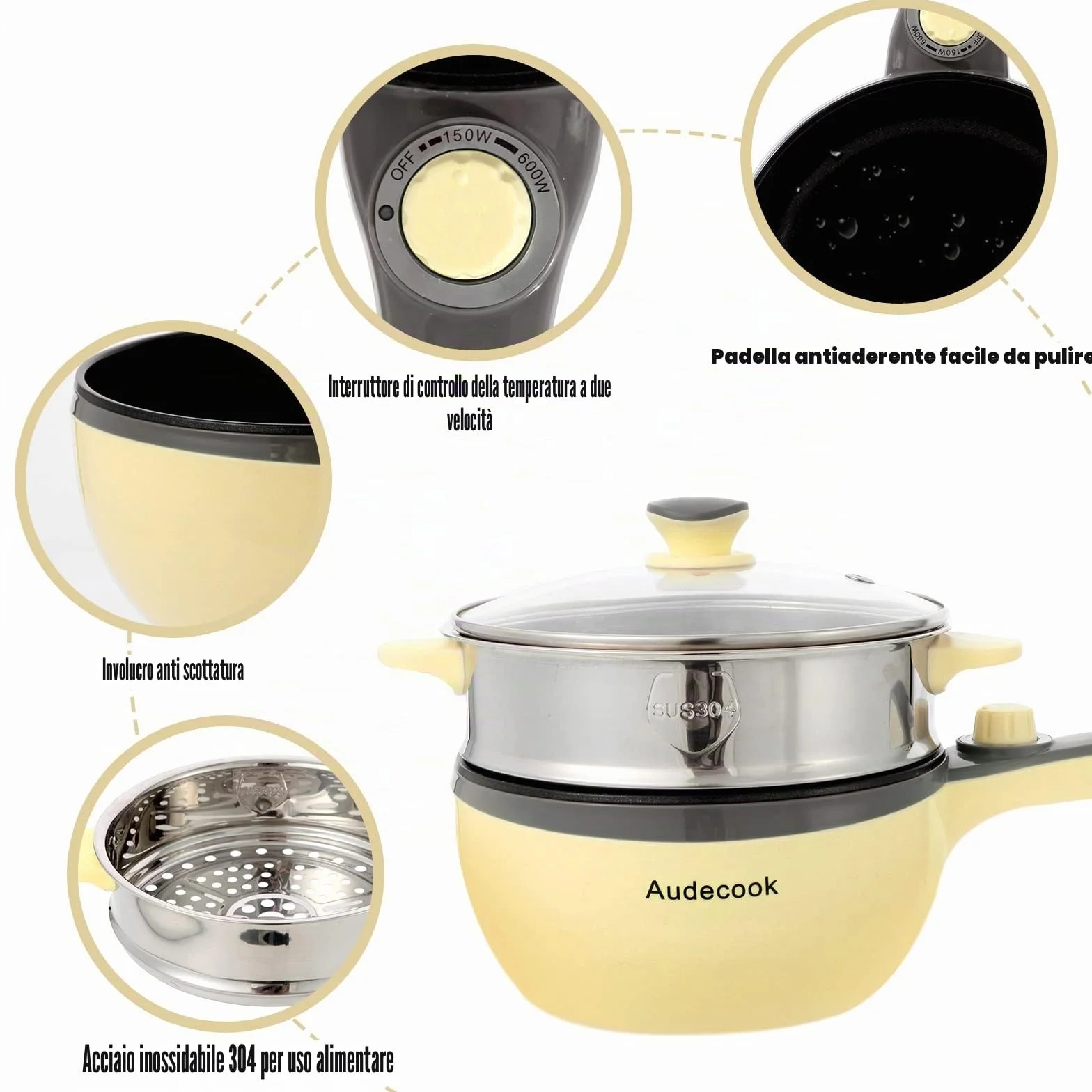 Audecook Padella Elettrica con Vaporiera, Mini Hot Pot 20 cm, Pentole Elettriche Multifunzione Antiaderente, Portatile Fornello Elettrico da Viaggio, Dormitorio, Casa - Giallo