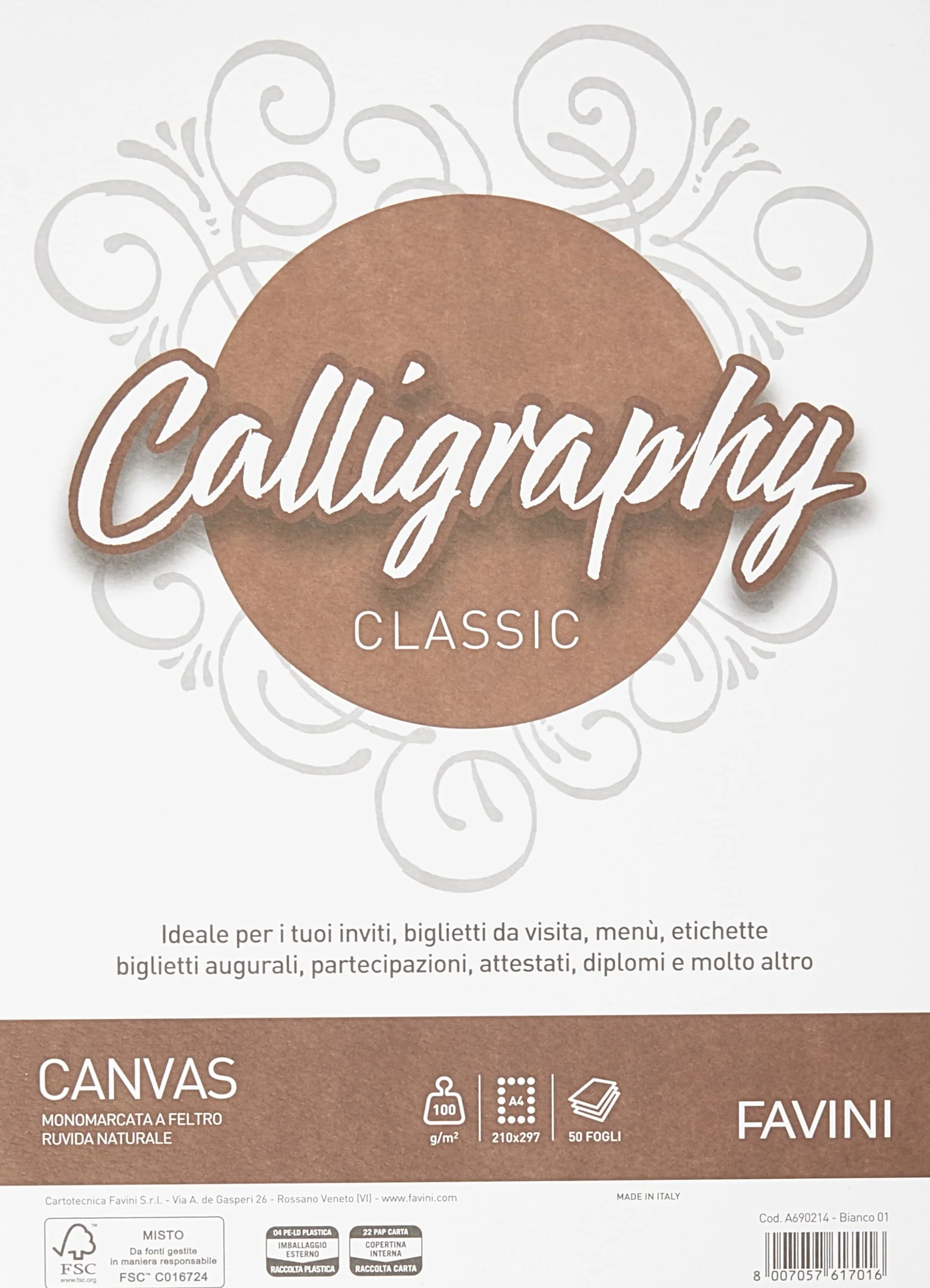 Carta telata A4 Calligraphy Favini - 100 g/mq - bianco (conf. 50 fogli)