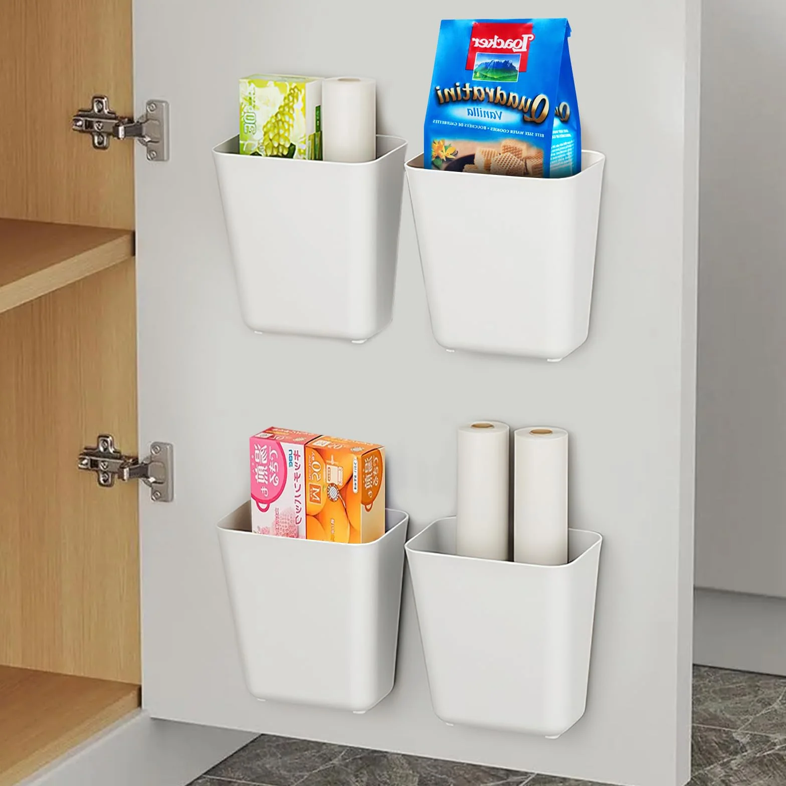 Zikenis 4 Pezzi scatole portaoggetti autoadesive montate a parete, scatola portaoggetti per piccoli oggetti, scatola portaoggetti per porta dell'armadio da cucina, per armadietto, bagno, frigorifero