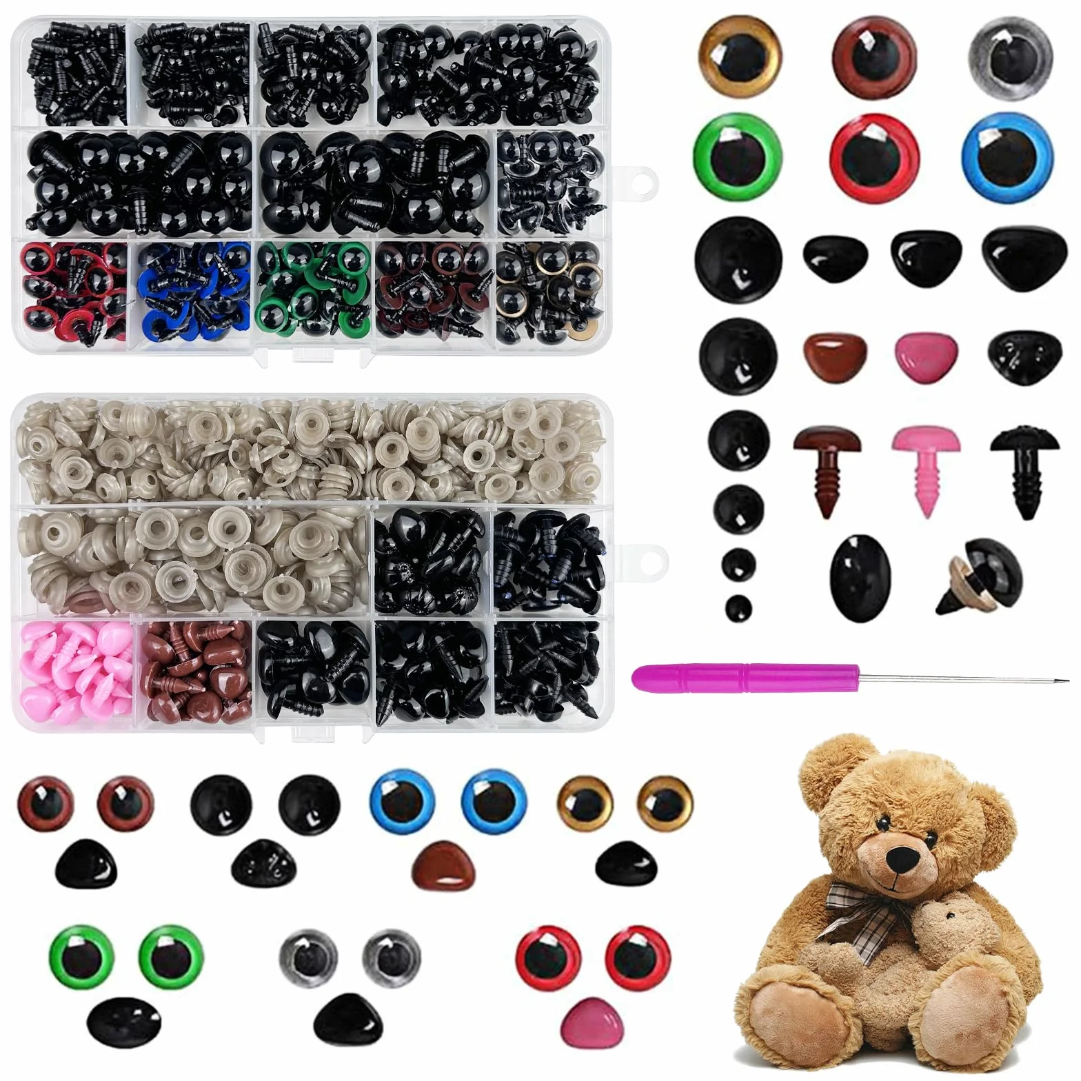 Chiluxendo Occhi di Sicurezza per Animali all'Uncinetto, Occhietti e Naso de Colorati in Plastica con Rondelle, Adatti per Fai da Te Amigurumi, Peluche, Orsacchiotti, Diverse Dimensioni (Ø 5~14 mm)